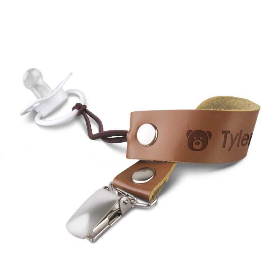 Personalised pacifier clip - Leather - Brown - Engraved