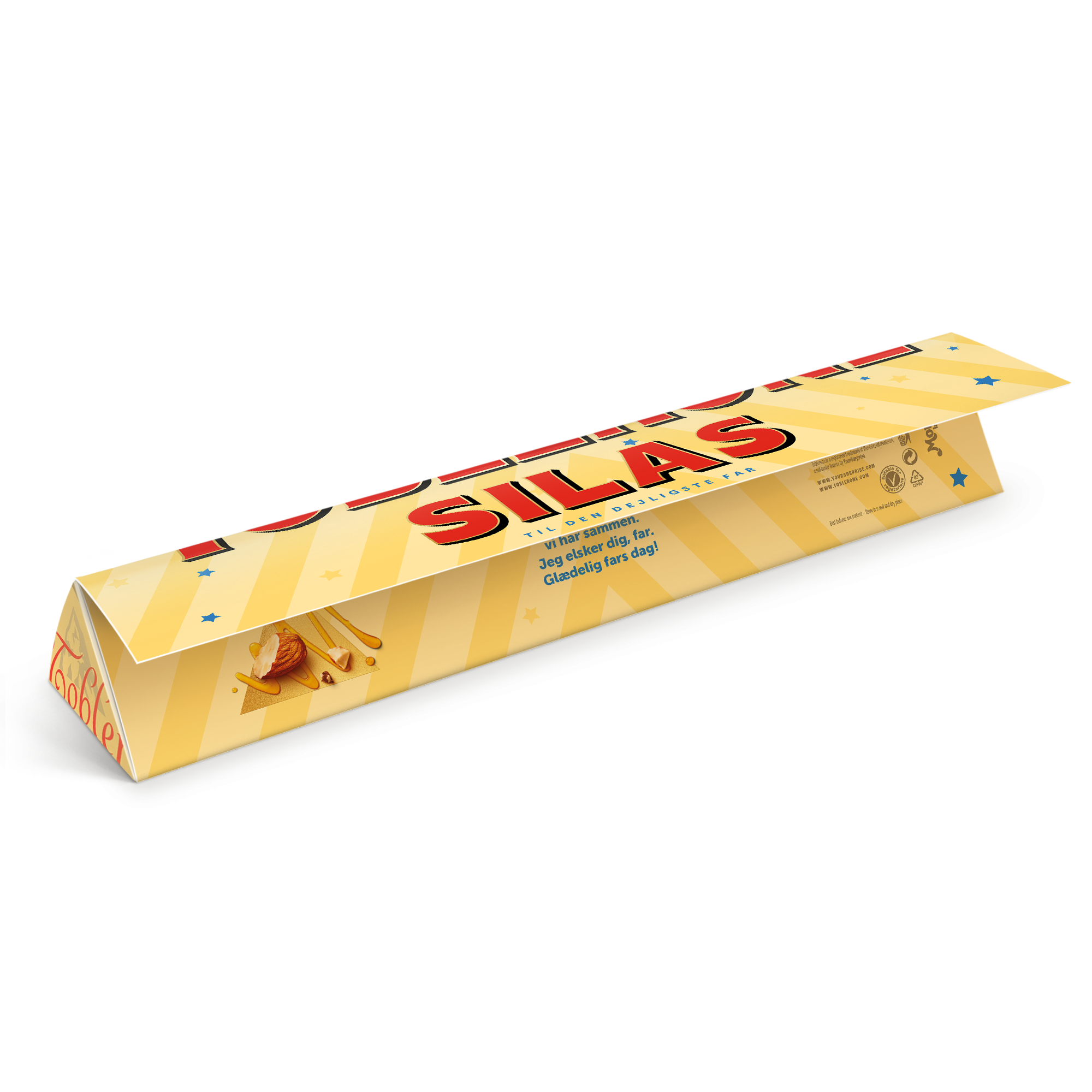 Personaliseret Toblerone chokolade – Fars Dag med navnet Silas og en kærlig hilsen trykt på emballagen.