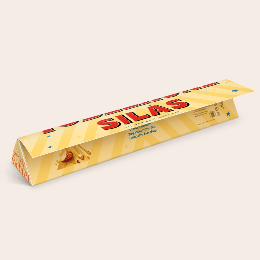 Toblerone med navn - Fars Dag Personaliseret Toblerone chokolade – Fars Dag med navnet Silas og en kærlig hilsen trykt på emballagen.