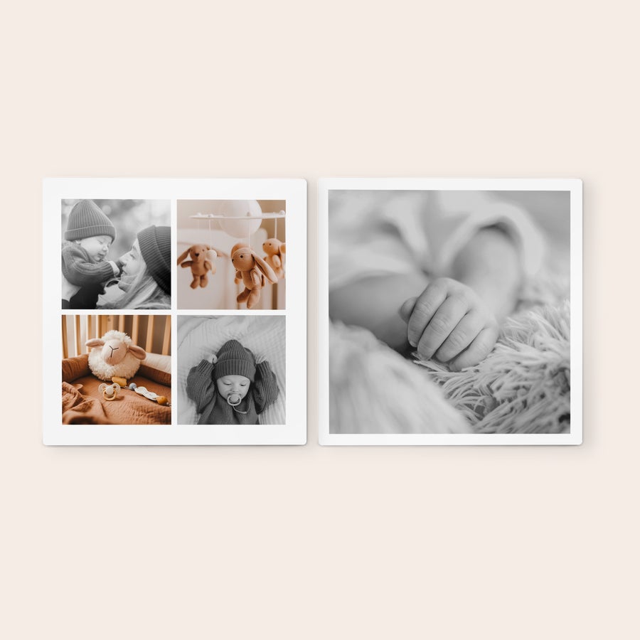 Personlige veggpaneler Dekorer veggen din med to personlige treveggkunstpaneler, trykt med egne sort-hvitt babybilder