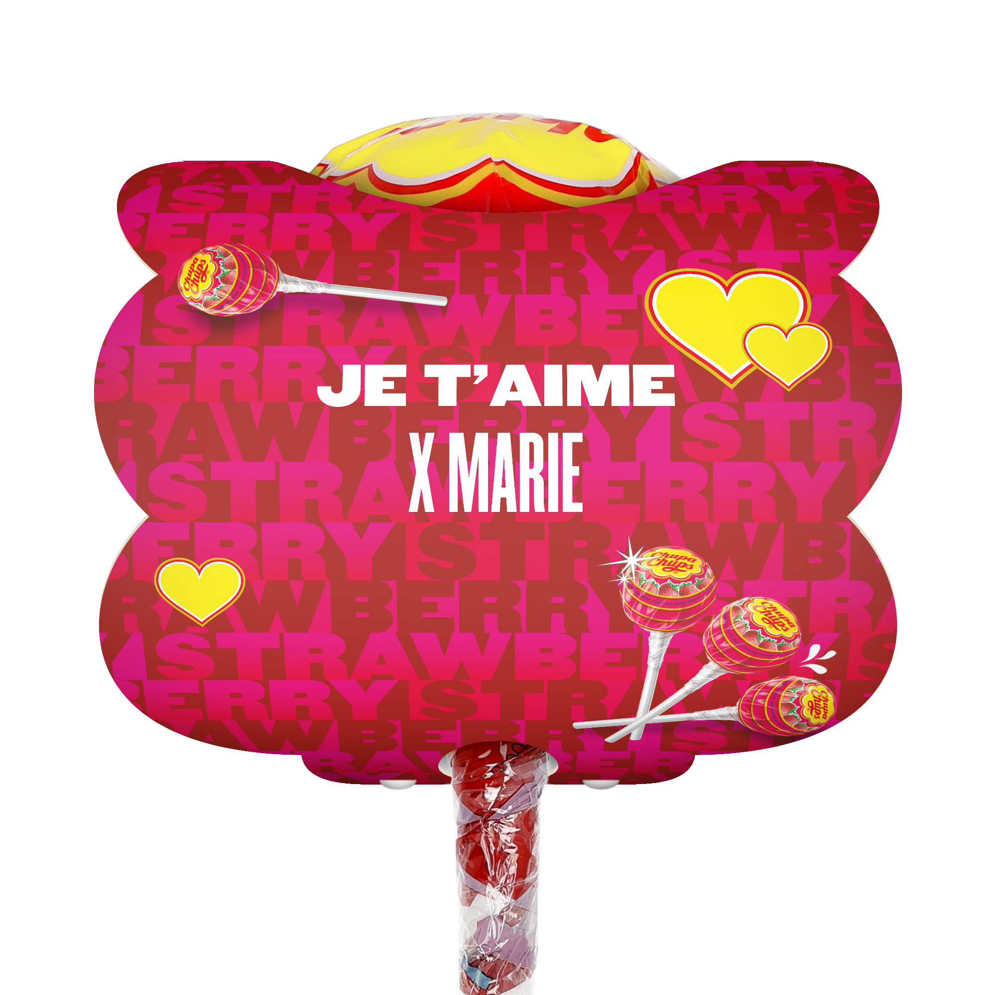 Méga Chupa Chups personnalisable fraise 20 sucettes avec message "Je t'aime x Marie" et cœurs jaunes imprimés.