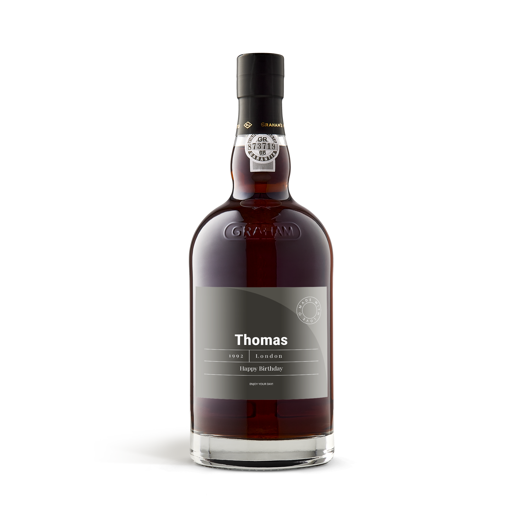 Sticlă de port Graham's The Tawny Reserve cu etichetă foto personalizată, având numele "Thomas", anul "1992", locația "London" și mesajul "Happy Birthday", un cadou delicios.