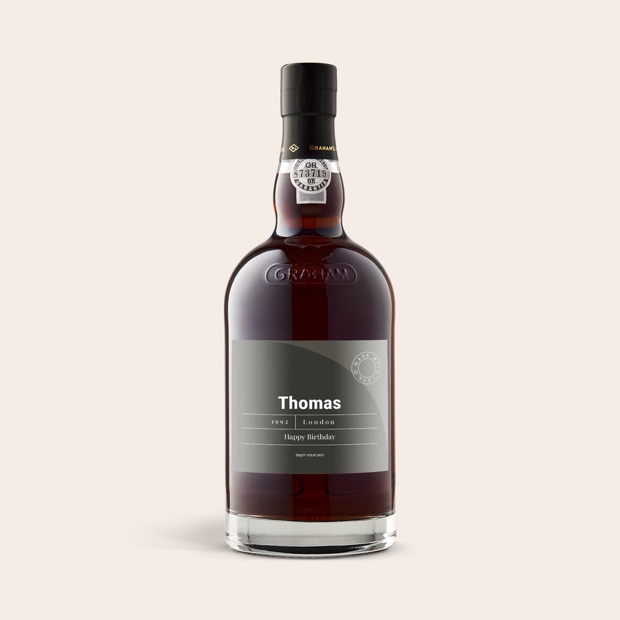 Graham's - Tawny Reserve Láhev Graham's portského s vlastní etiketou se jménem Thomas, rokem 1992 a nápisem Happy Birthday