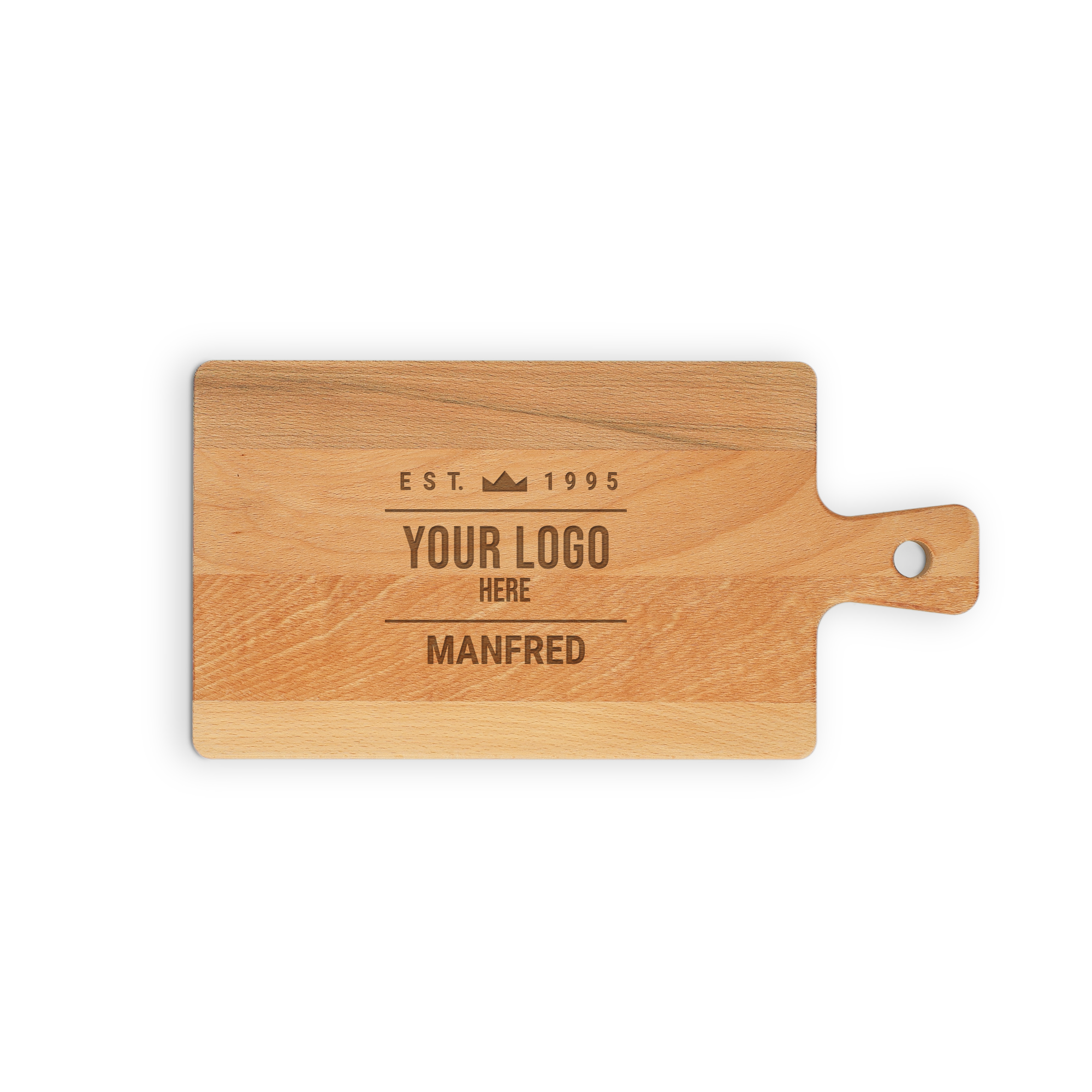 Personalisiertes Servierbrett aus hellem Holz mit Griff graviert mit EST. 1995, Your Logo Here und Manfred