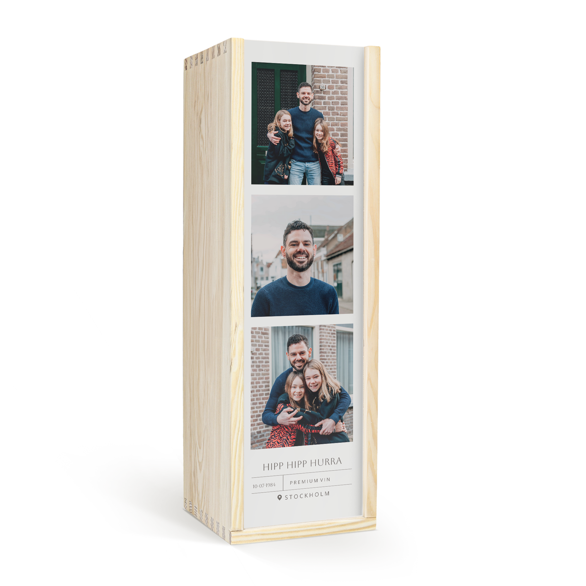 Träförpackning med tryckta foton och text HIPP HIPP HURRA PREMIUM VIN STOCKHOLM 10-07-1984 för en personlig överraskning