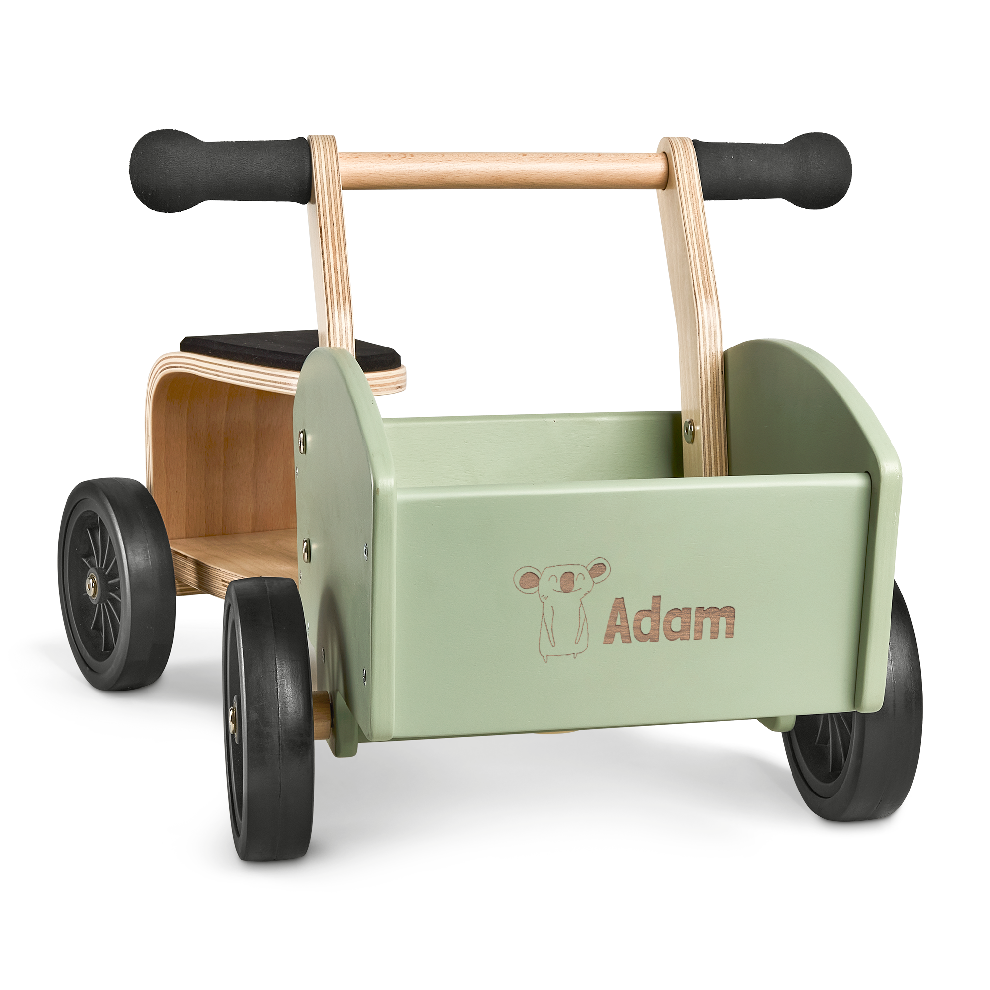 Bicicleta de madeira verde menta com nome Adam e desenho de coala, personalizada para diversão.