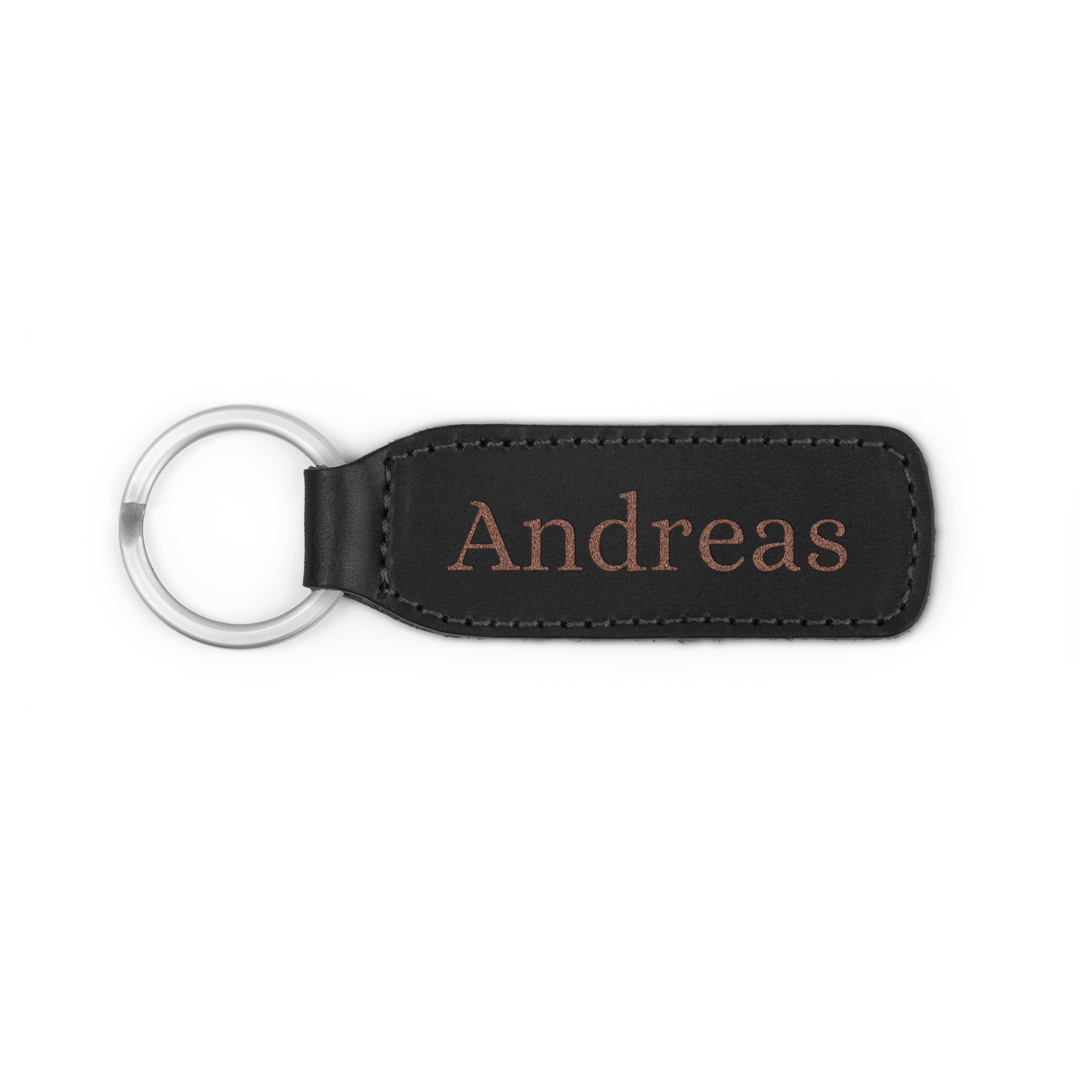 Personalisierter Schlüsselanhänger aus schwarzem Leder mit graviertem Namen Andreas