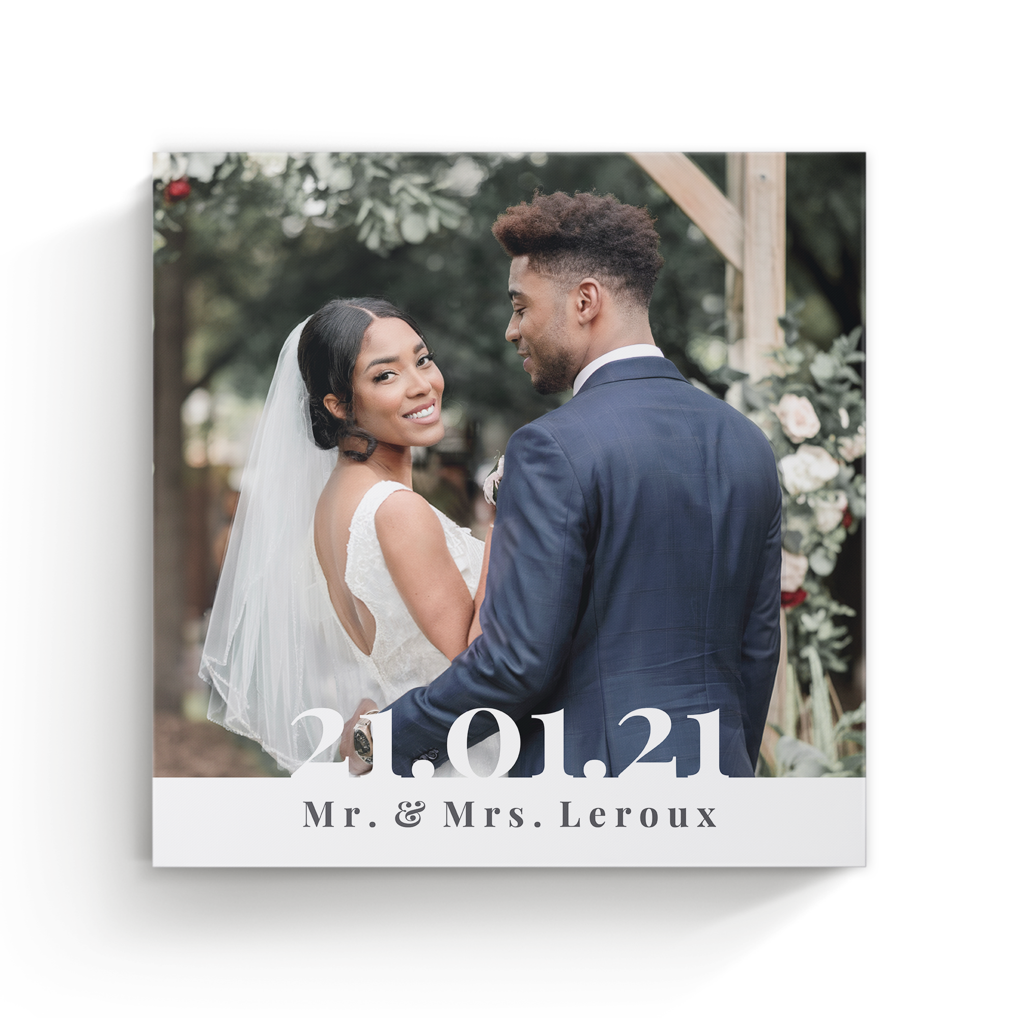 Toile personnalisée imprimée avec photo de mariage date 21.01.21 et noms Mr & Mrs Leroux