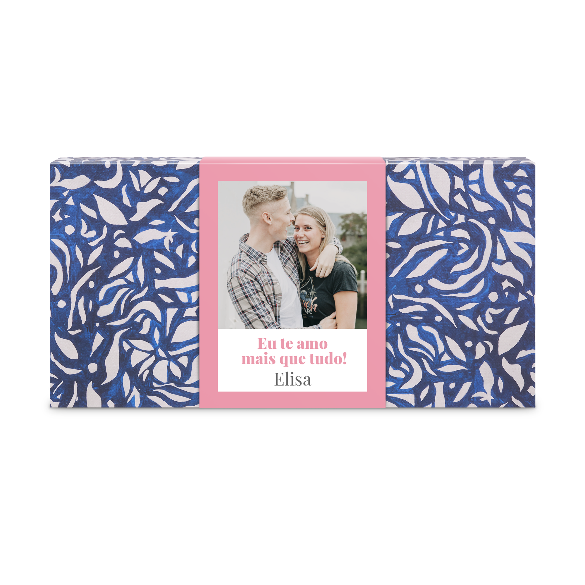 Conjunto de presentes de bem-estar com capa personalizada, foto de casal, texto "Eu te amo mais que tudo! Elisa"