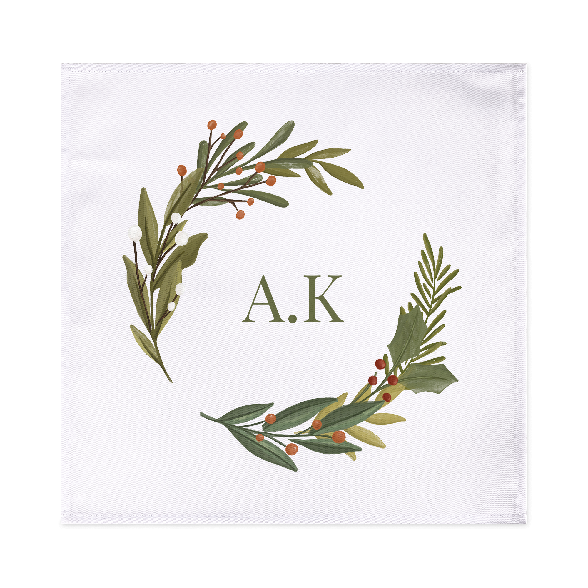 Bílý tištěný ubrousek s monogramem AK a květinovým motivem. Nastavení stolu se stává hostinou s jedinečnými tištěnými ubrousky.