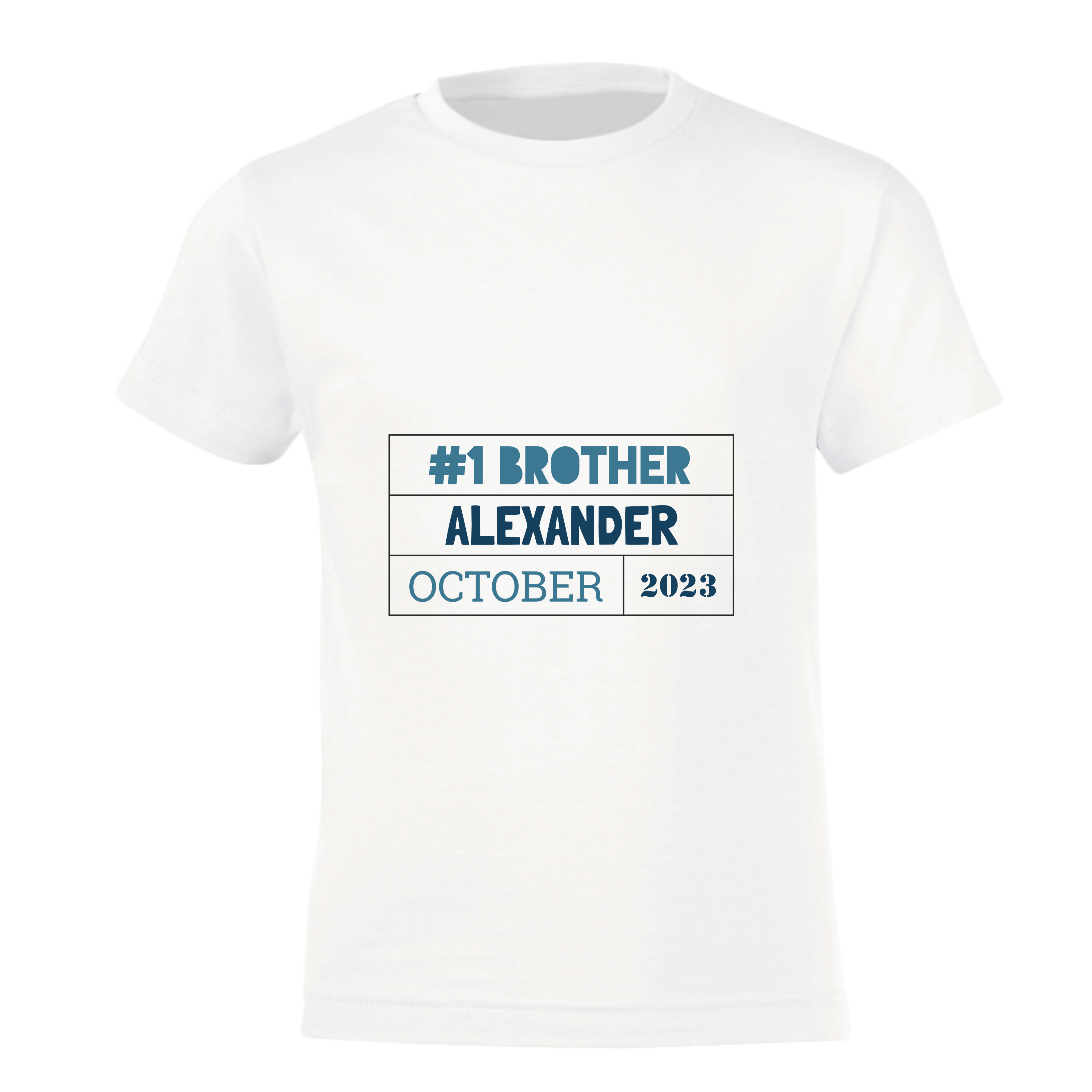 Biała koszulka dziecięca z nadrukiem #1 BROTHER, imieniem ALEXANDER i datą PAŹDZIERNIK 2023
