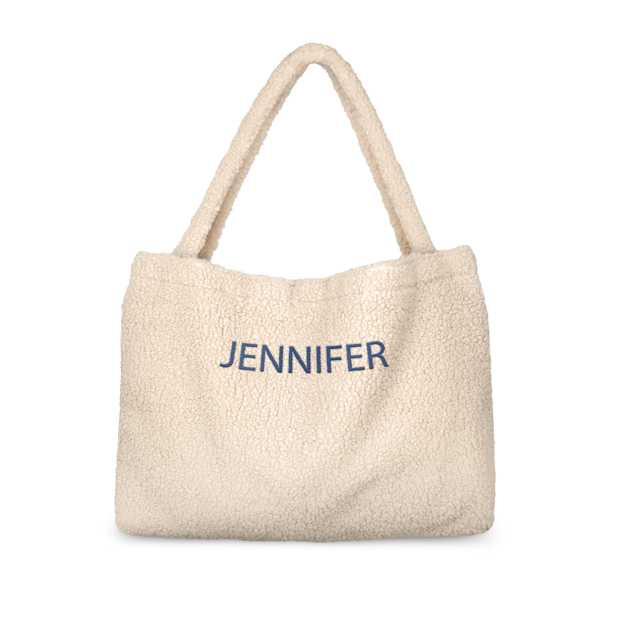 Beige teddyväska med blå texten JENNIFER broderad, perfekt för att överraska nära och kära med en personlig gåva.