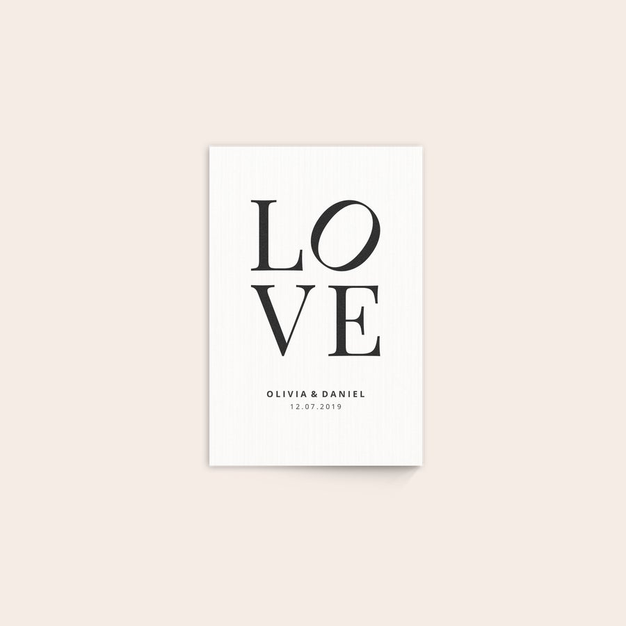 Foto su Legno Stampa su legno personalizzata con la scritta LOVE e nomi Olivia & Daniel 12.07.2019, la tua foto più bella