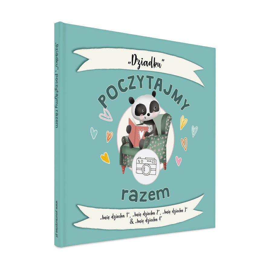 Personalizowana książka dla Babci i Dziadka Personalizowana książeczka dla ukochanego dziadka z pandą, imionami wnuków i miejscem na zdjęcie.