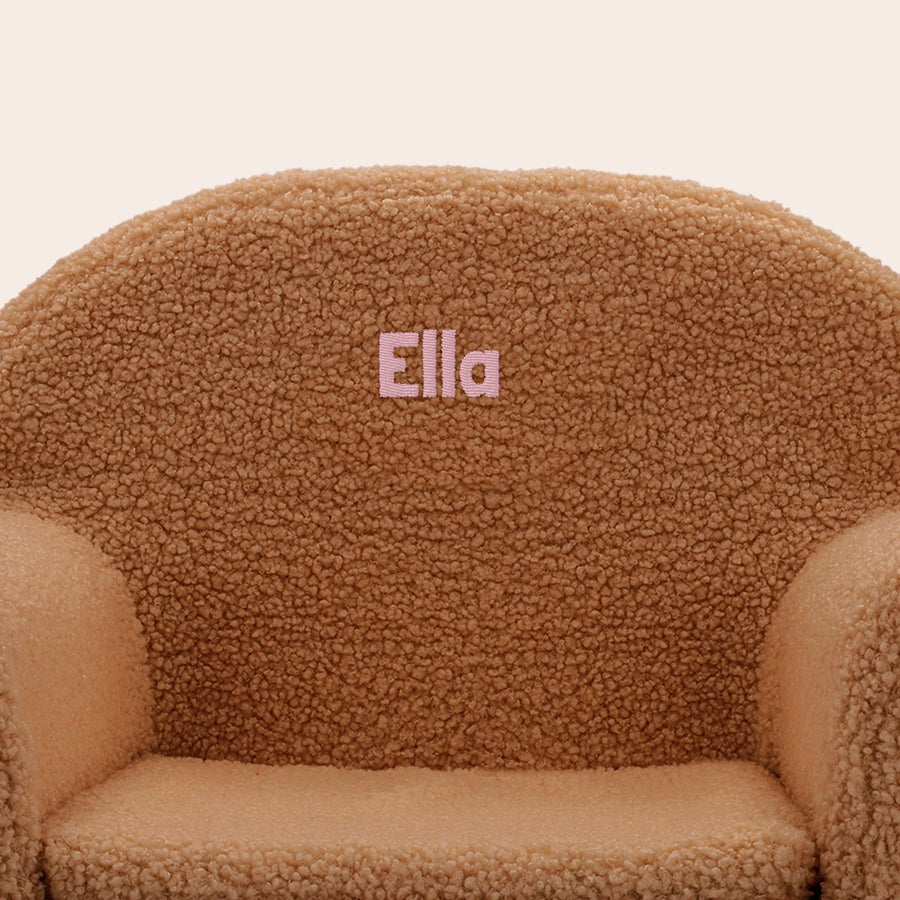 Sedia in tessuto per bambini Poltrona Teddy personalizzata per bambini marrone con nome Ella ricamato in rosa