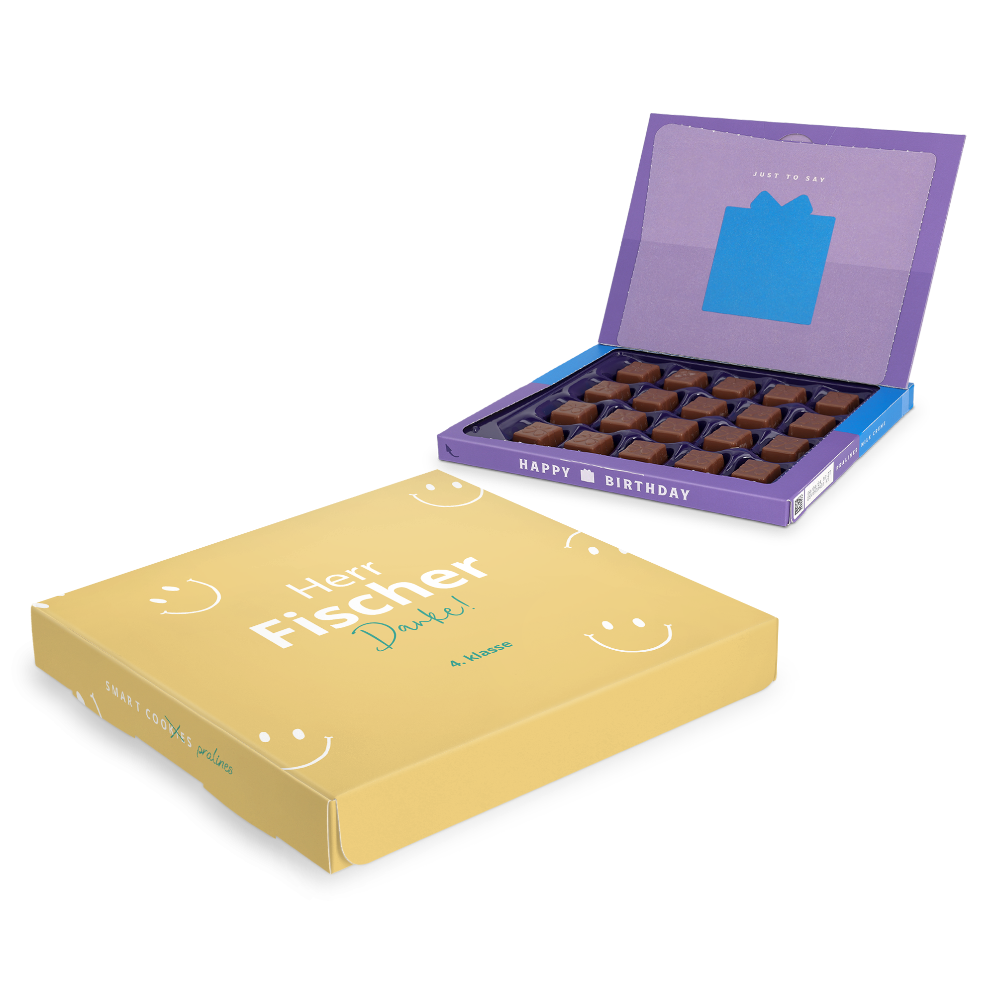 Personalisierte Milka-Geschenkbox für Lehrer, mit "Herr Fischer Danke!" und "4. Klasse" bedruckt