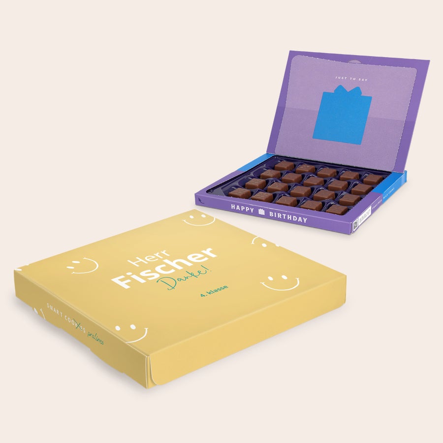 Pralinen Milka Lehrer Personalisierte Milka-Geschenkbox für Lehrer, mit "Herr Fischer Danke!" und "4. Klasse" bedruckt
