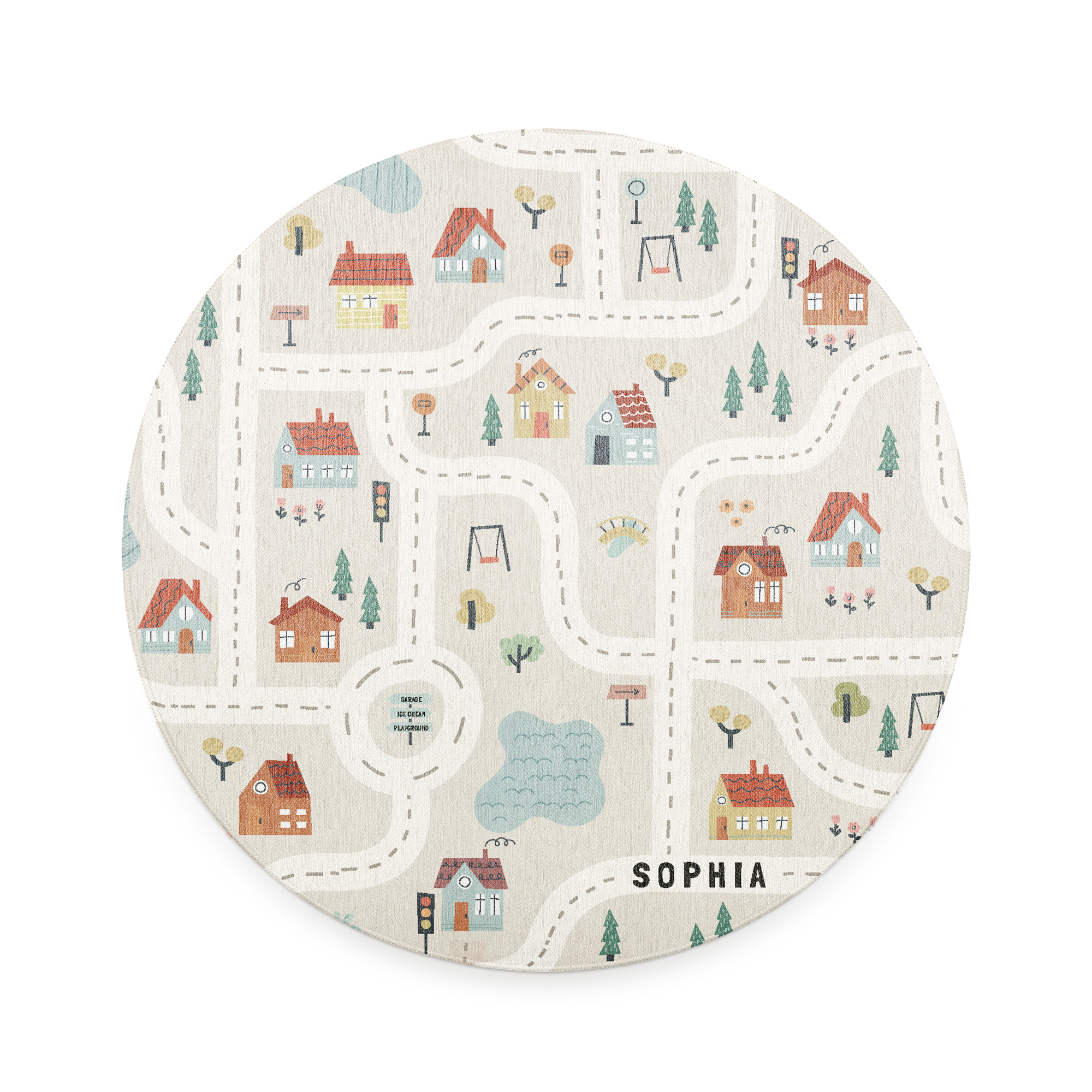 Round personalized play mat printed with a whimsical town design roads and the name Sophia