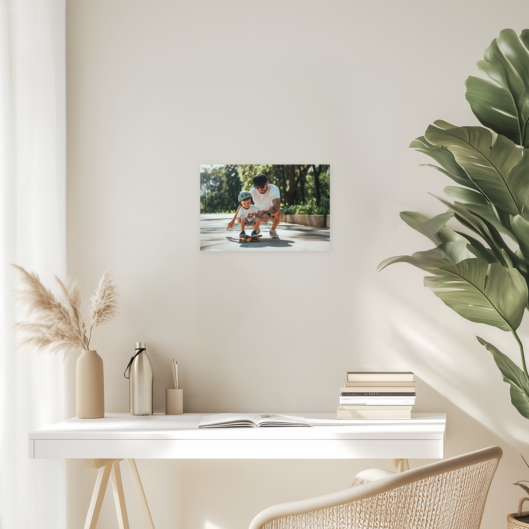 Plakat ze spersonalizowanym zdjęciem ojca i syna na deskorolce, wydrukowany na zamówienie