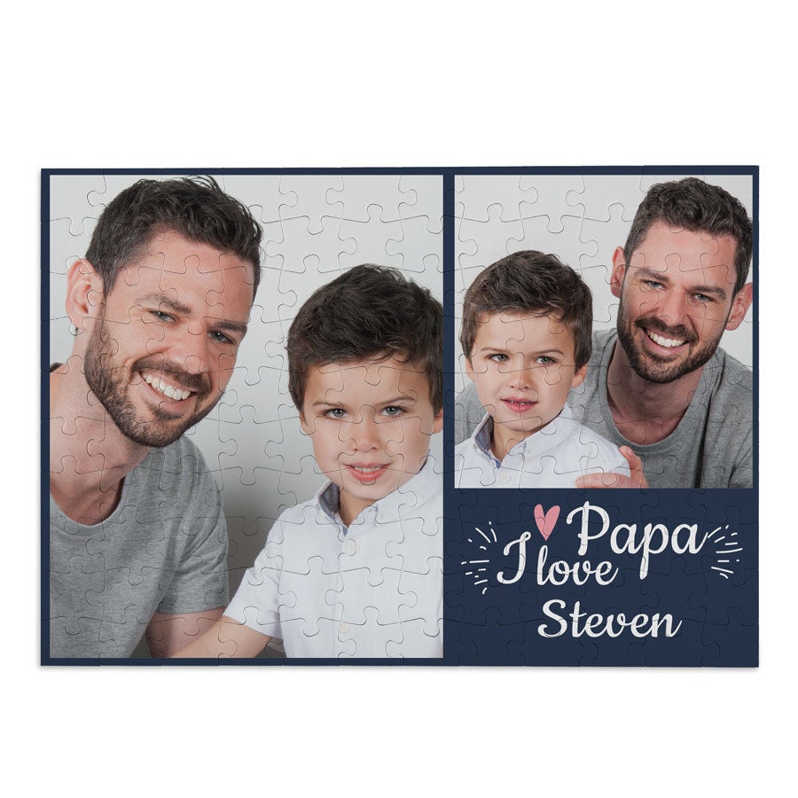 Puzzle original impreso con foto de padre e hijo y texto I love Papa Steven para el Día del Padre