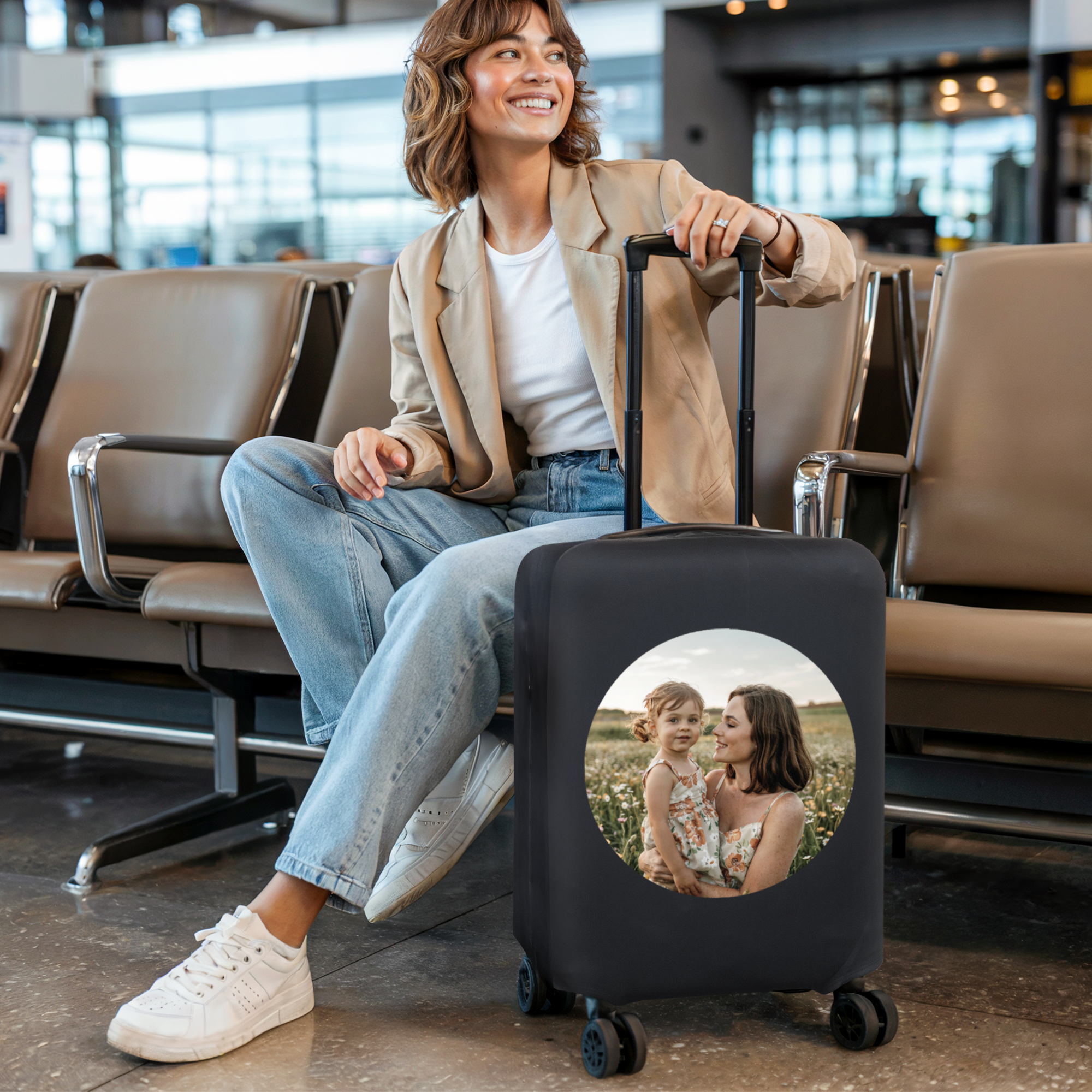 Capa de mala preta personalizada com foto de mãe e filha, fazendo a bagagem se destacar