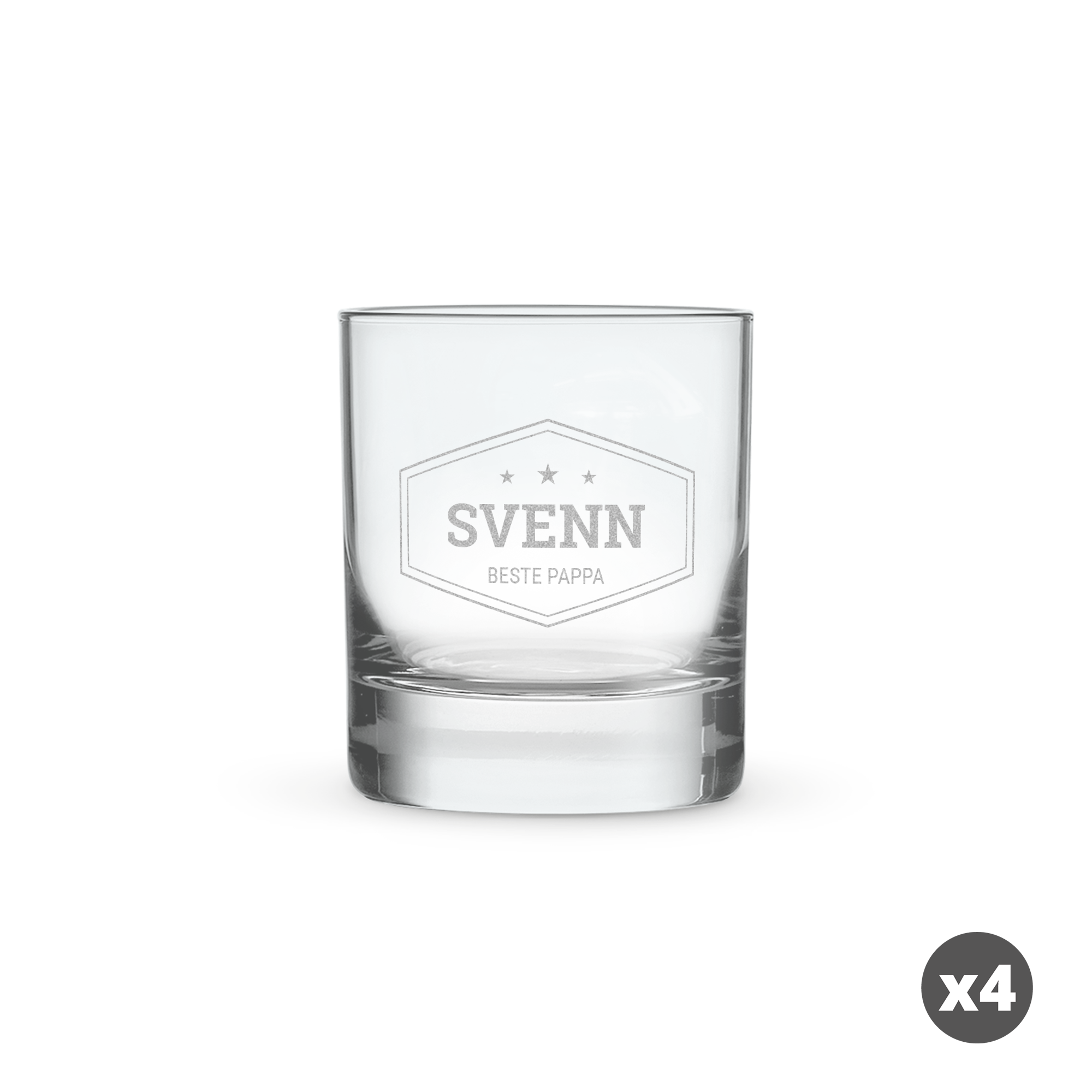 Brennevinsglass gravert med navnet SVENN og teksten BESTE PAPPA i et stilig emblem.