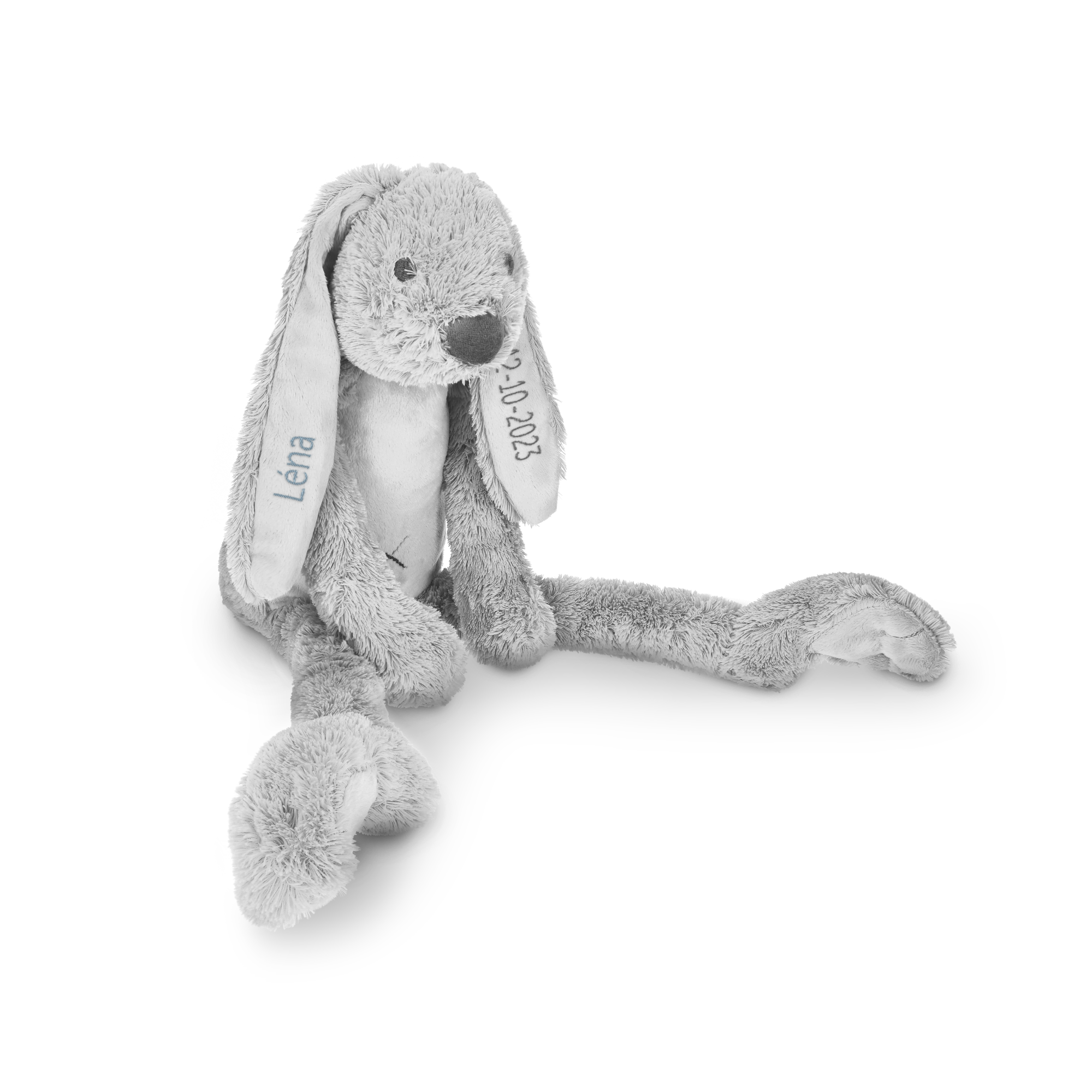Doudou lapin tout doux gris personnalisé avec le prénom Léna et la date 23-10-2023 brodés sur les oreilles