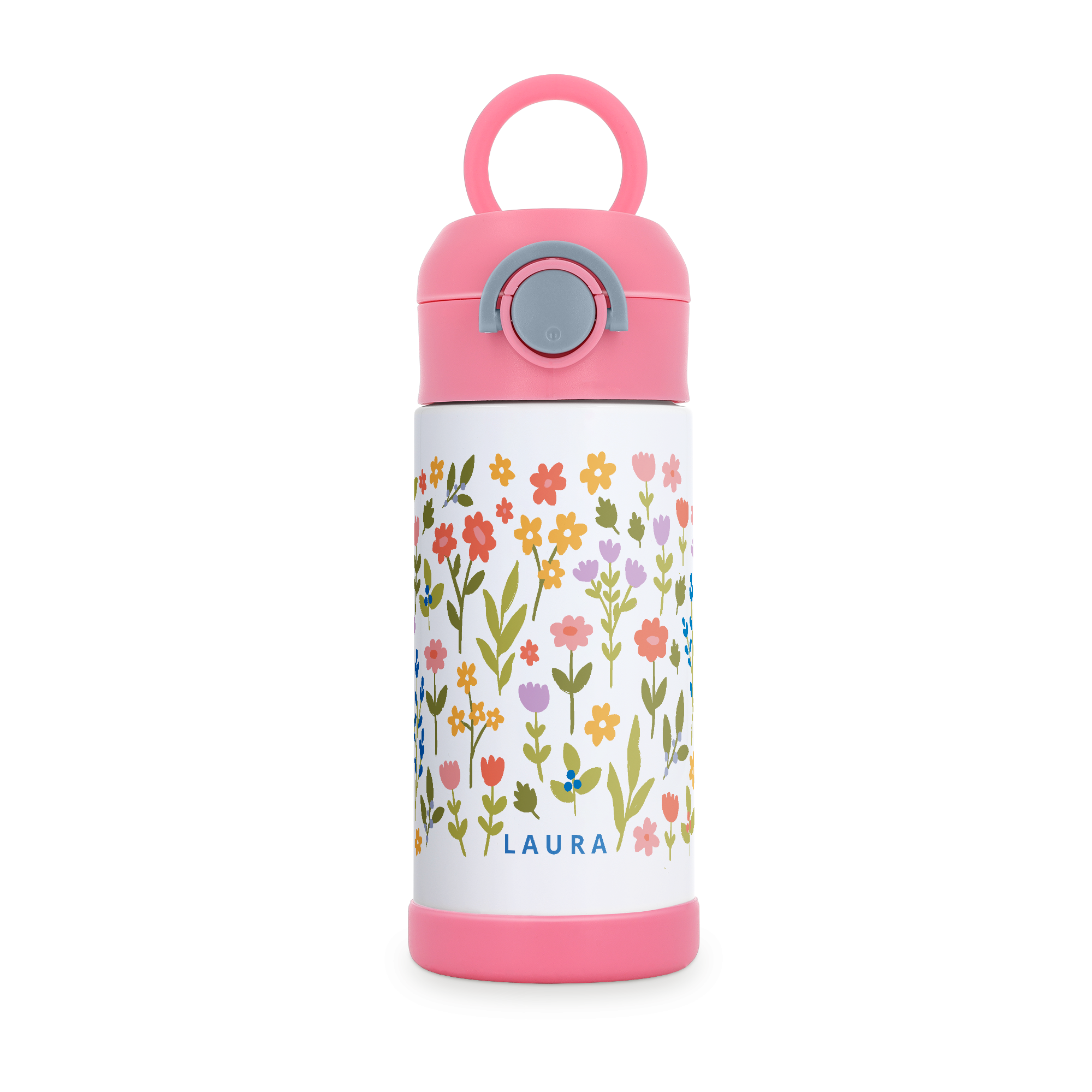 Personalisierte Edelstahl-Trinkflasche für Kinder, bedruckt mit bunten Blumen und dem Namen Laura