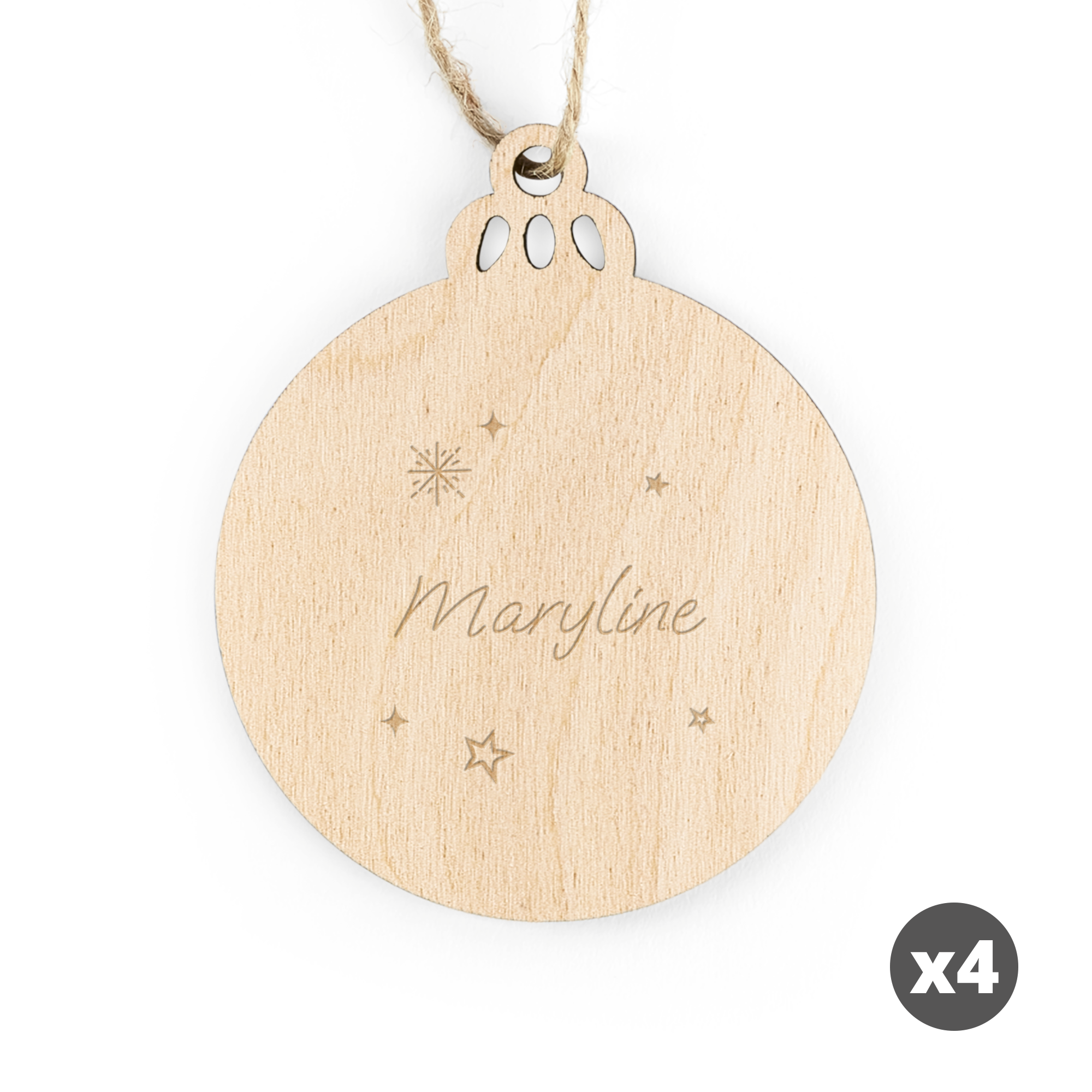 Décoration de Noël en forme de boule en bois gravée avec le nom Maryline, avec motifs étoiles et flocon de neige, pour décorer le sapin de Noël.