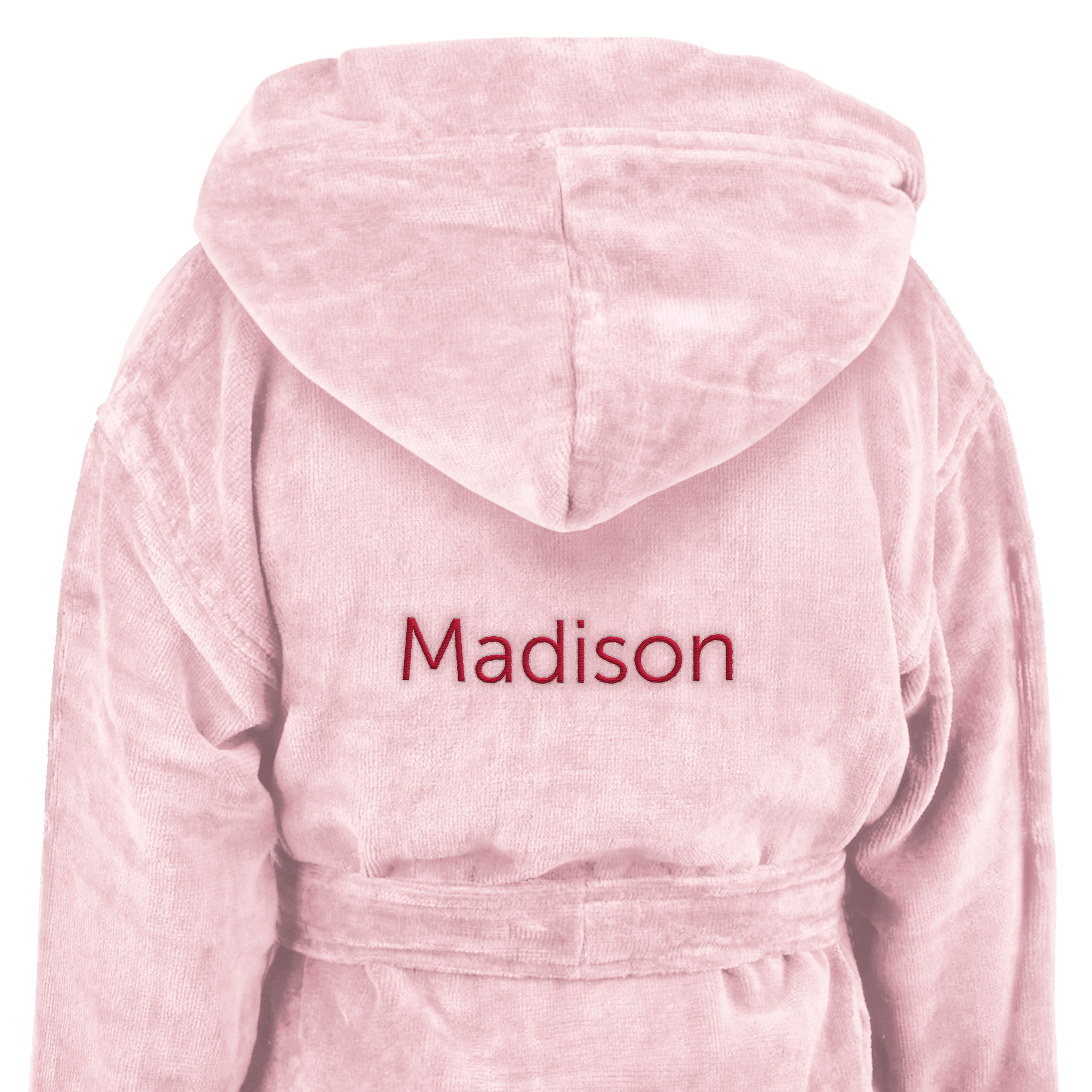 Albornoz infantil de rizo rosa suave, con capucha y cinturón, bordado con el nombre Madison en rojo.