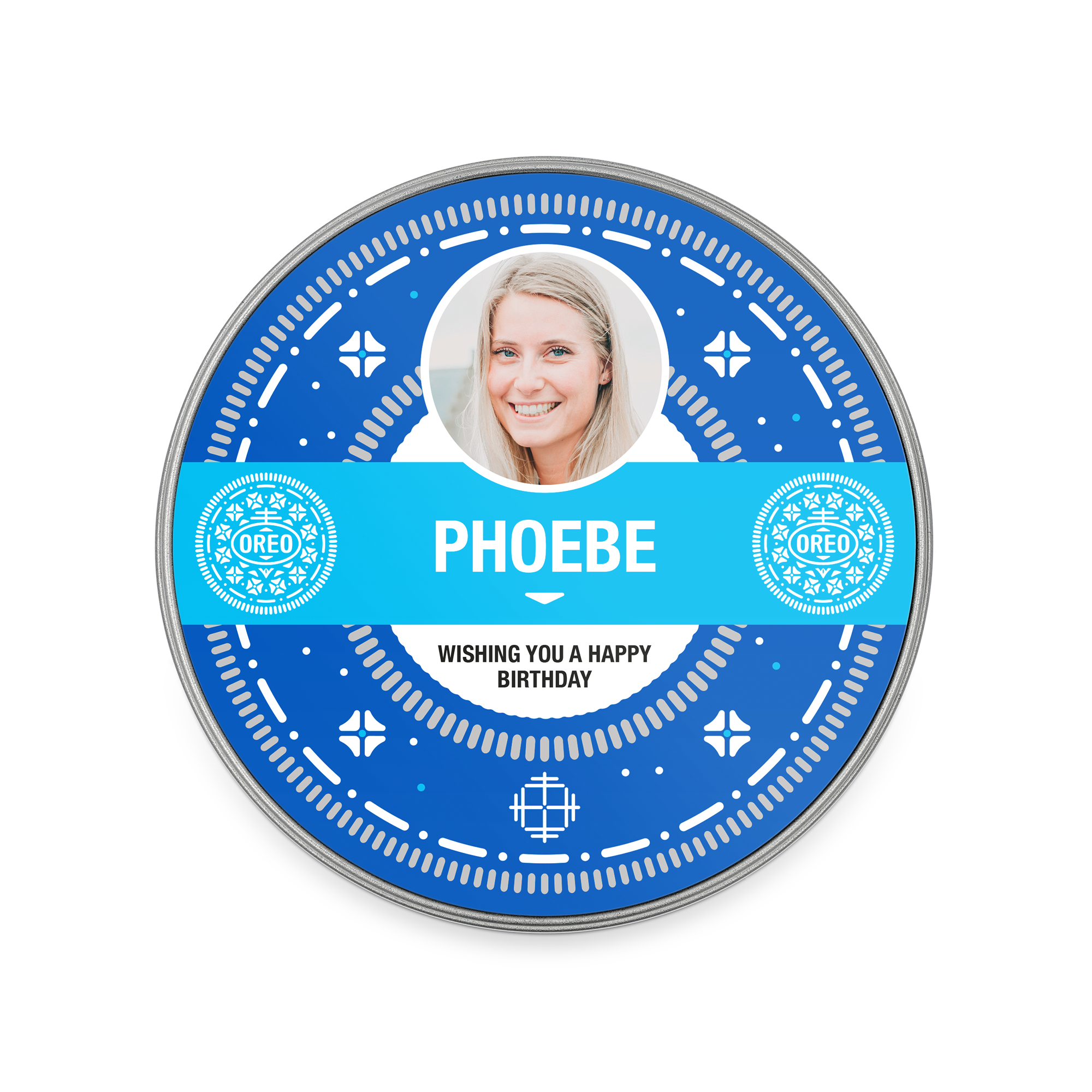 Scatola regalo rotonda blu per Oreo personalizzata con foto nome Phoebe e auguri di compleanno