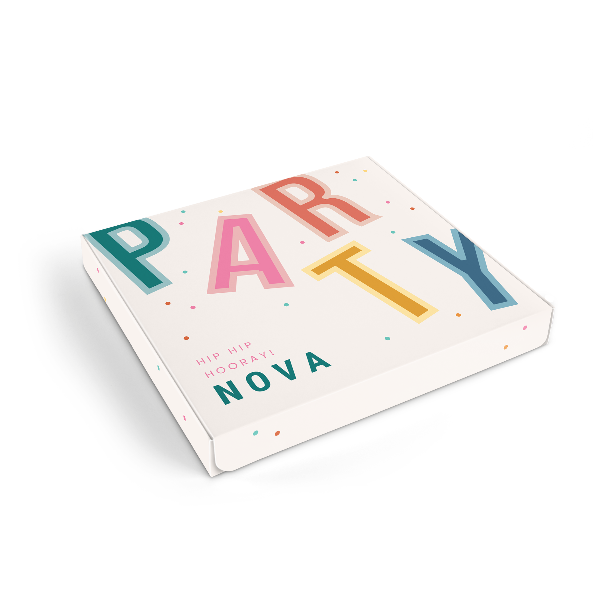 Tony's Chocolonely gaveeske med "PARTY" og "NOVA" trykt på esken.