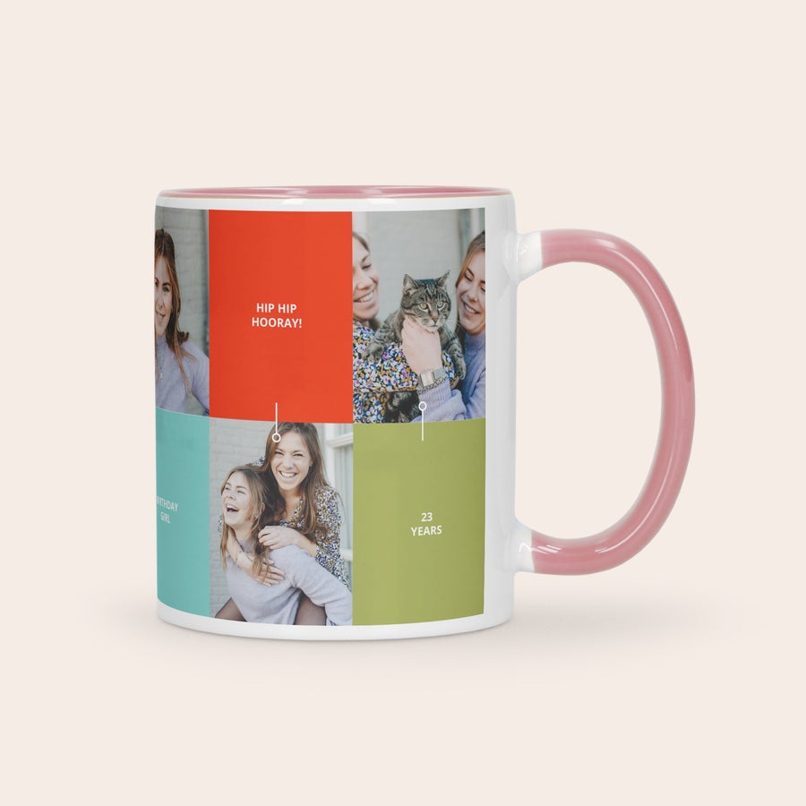 Tazza Colorata Personalizzata Tazza bianca e rosa personalizzata con foto stampate e scritta "HIP HIP HOORAY!", "BIRTHDAY GIRL", "23 YEARS". Regala una tazza colorata!