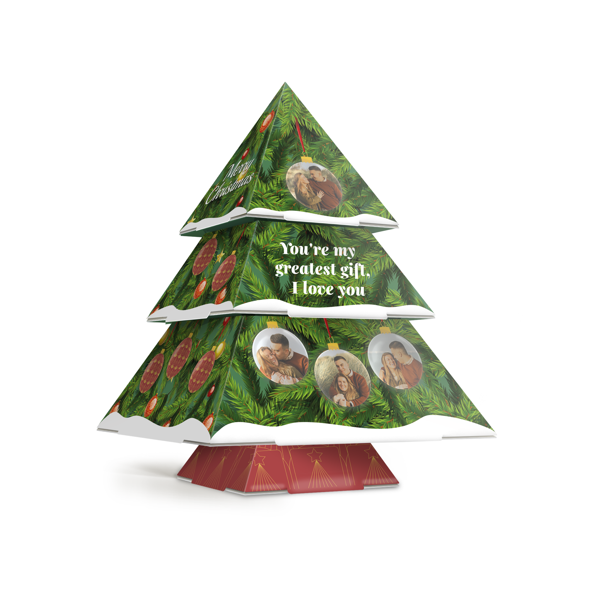 Árbol de Navidad de papel DIY con estampado de pino, fotos personalizadas, el texto "Ilumina las fiestas con un toque personal" y "You're my greatest gift, I love you".