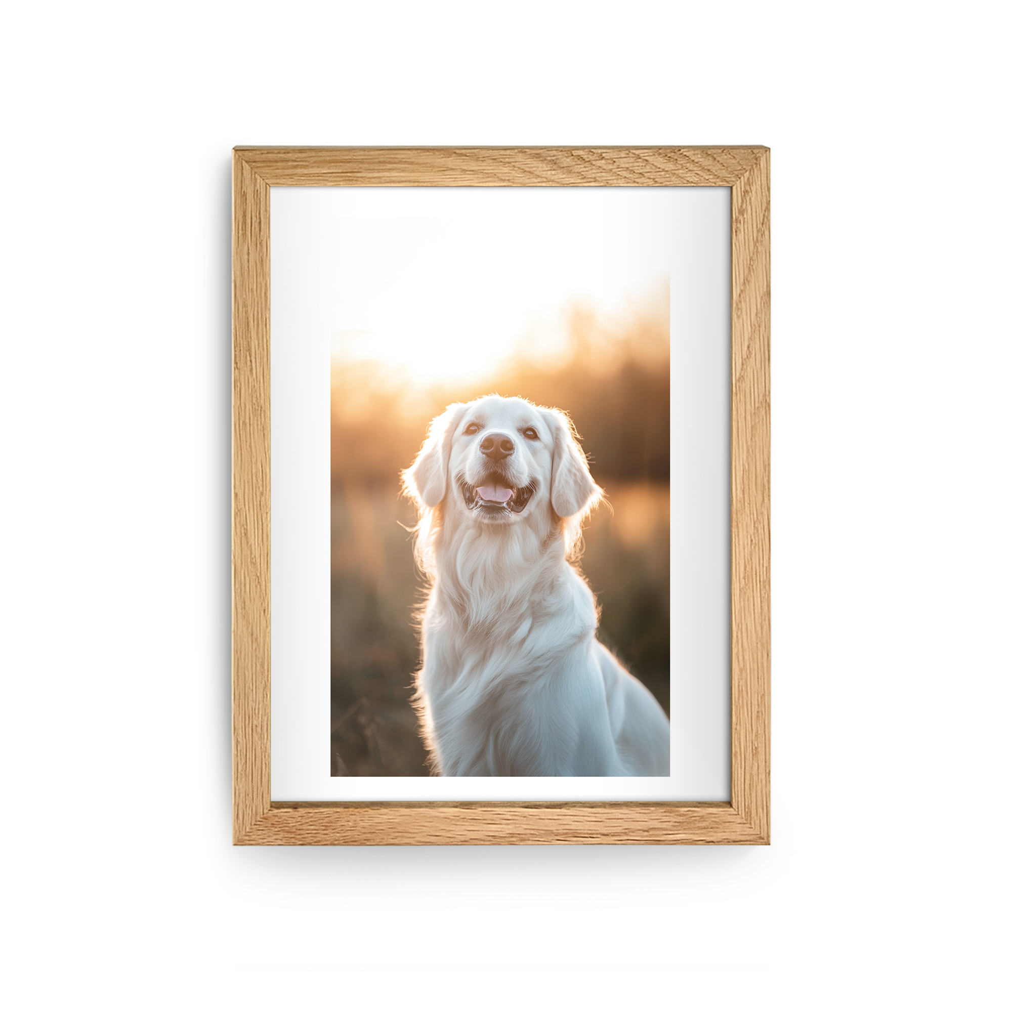 Affiche encadrée personnalisée avec photo de chien Golden Retriever dans un cadre en bois clair