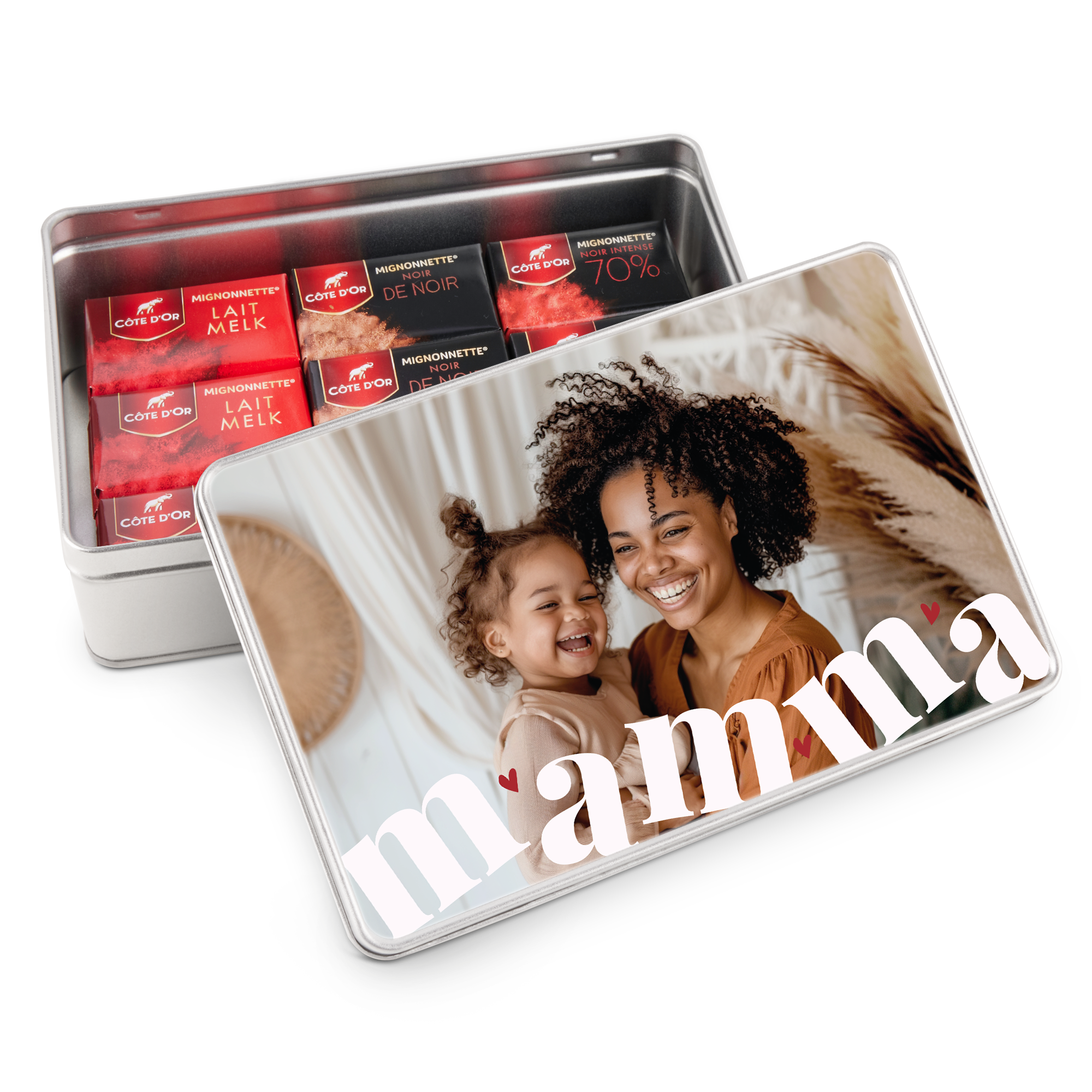 Presentförpackning med Côte d'Or-choklad och ett personligt foto av en mamma och barn, tryckt med texten mamma.