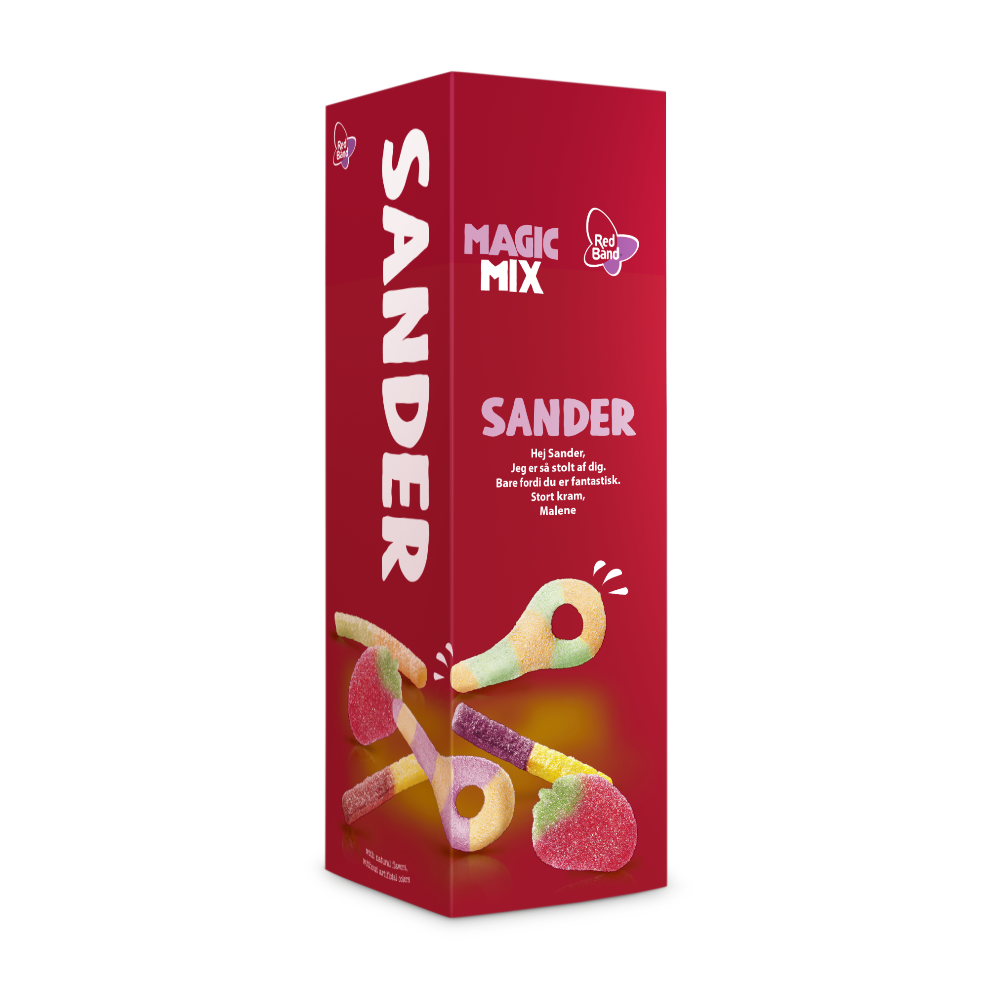 En personlig gaveæske i rød med "SANDER" og en hilsen, printet med Magic Mix Red Band slik.