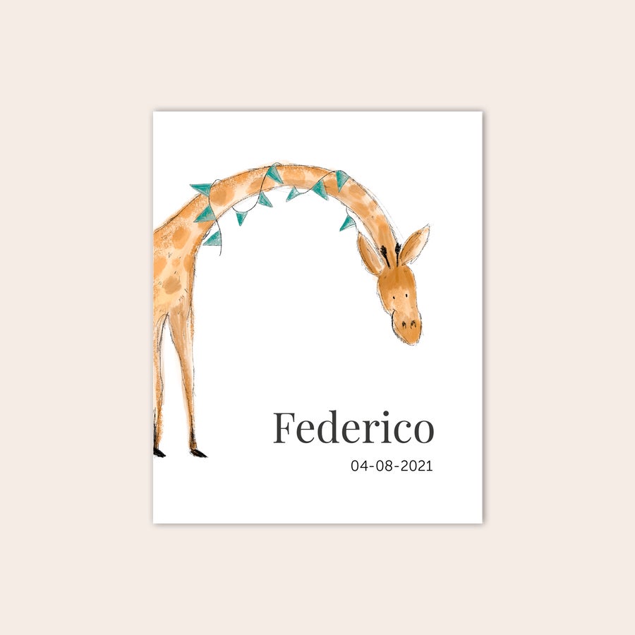 Poster per Nascita Poster personalizzato stampato con nome Federico e data 04-08-2021, decorato con una giraffa e bandierine