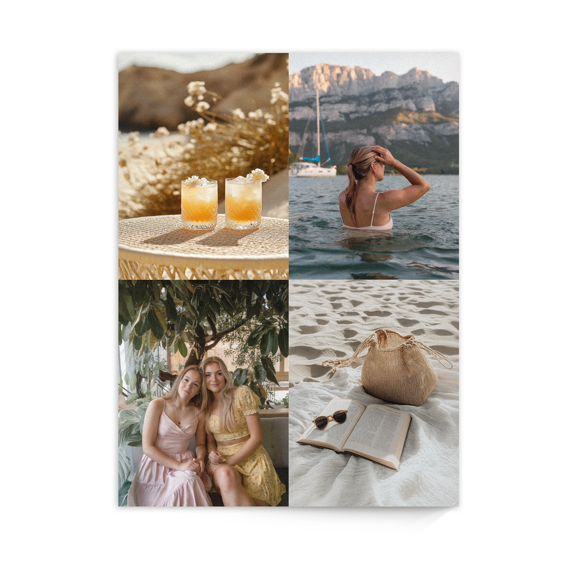 Houten fotopaneel met vier geprinte foto's in collage vorm van vakantiemomenten, met o.a. drankjes en twee vrouwen.