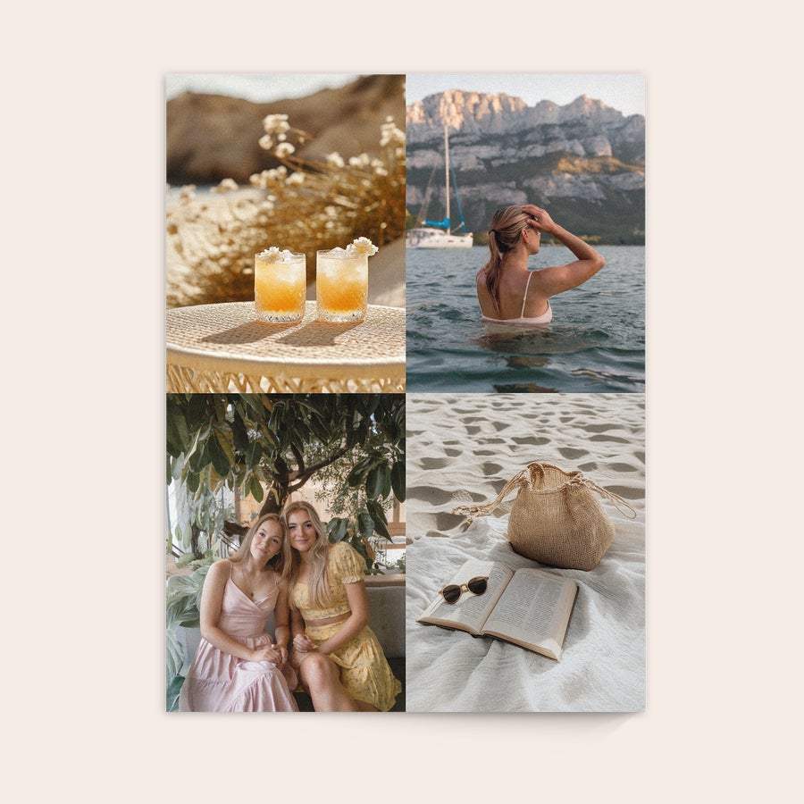 Foto em madeira Impressão com uma foto em madeira, personalizada com quatro fotos coloridas de paisagens e pessoas