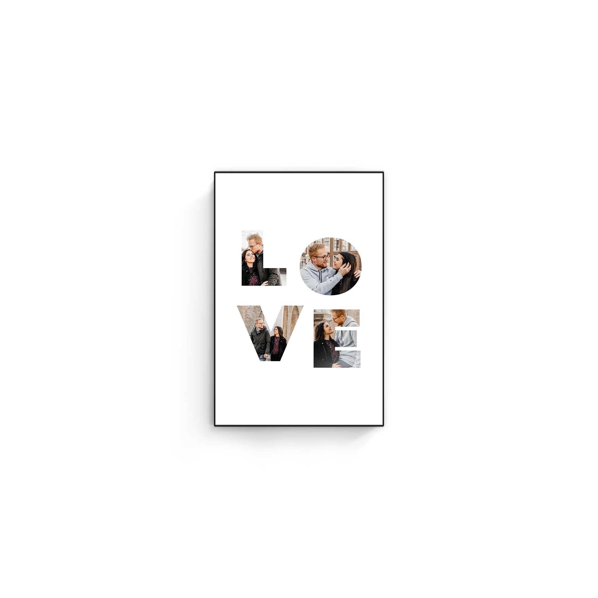 ChromaLuxe houten fotopaneel geprint met eigen foto's die het woord LOVE vormen, een origineel cadeau.