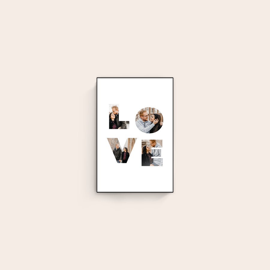 Photo on wood ChromaLuxe wooden photo panel printed with four photos forming the word LOVE, customized with your own photo and text.