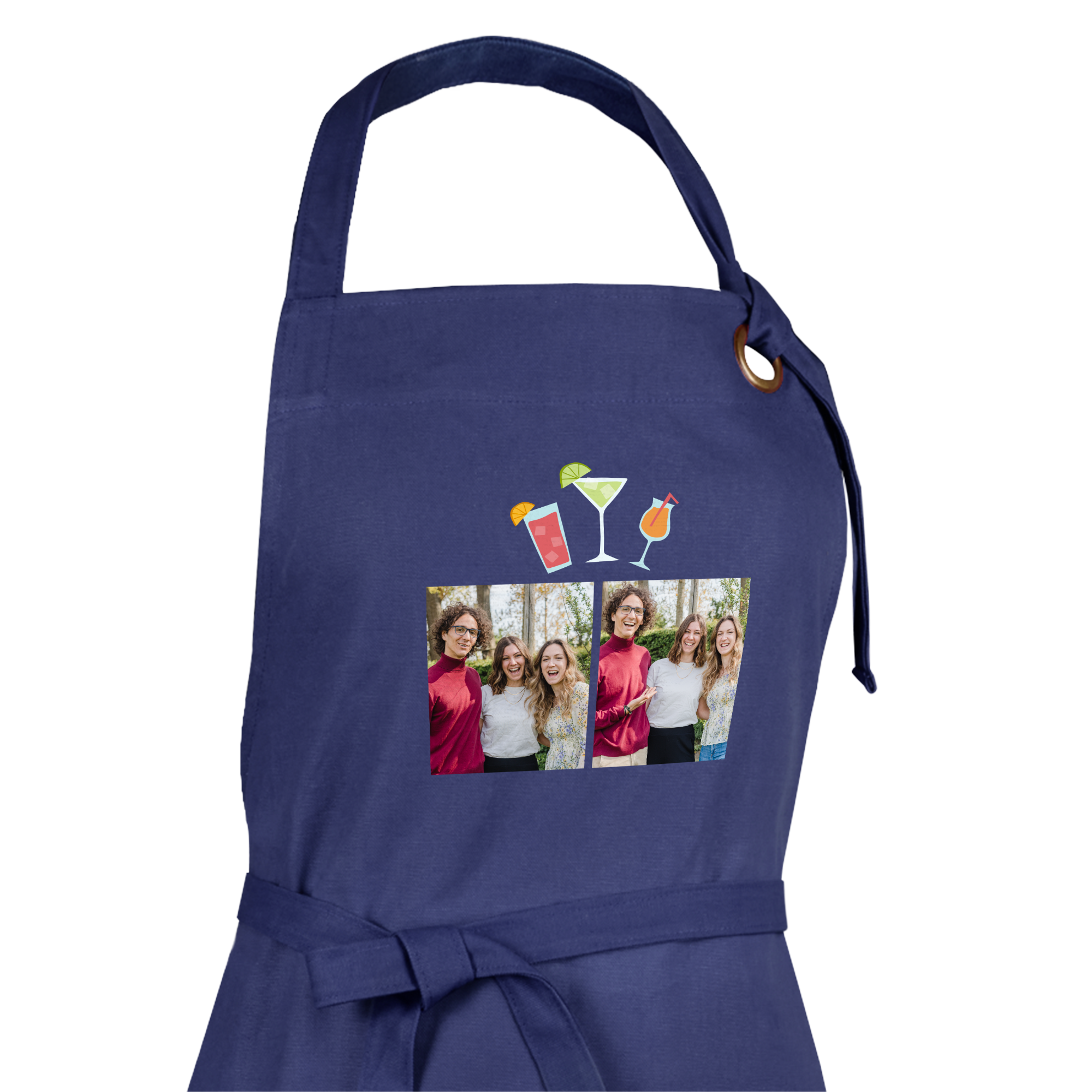 Navy blue kitchen apron printed with a photo of three friends and three colorful cocktail illustrations. Design your own unique kitchen apron.