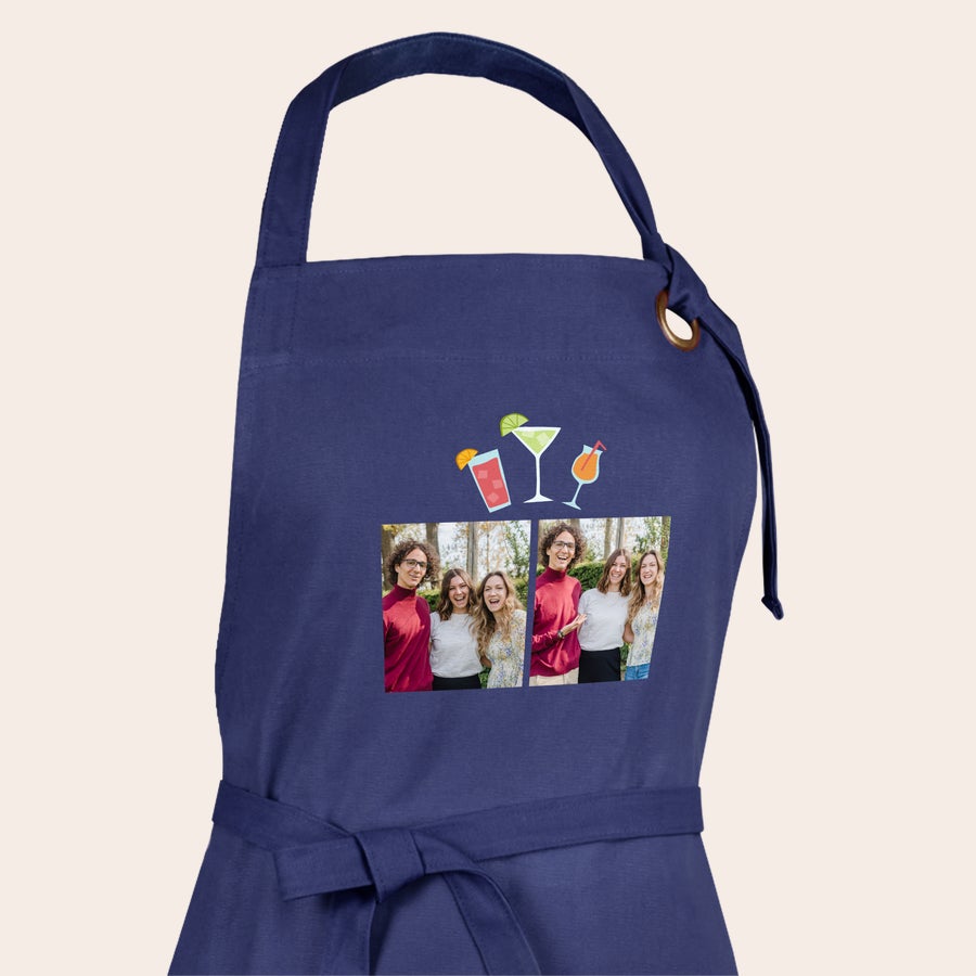 Tablier personnalisé Tablier de cuisine bleu marine personnalisé avec photo de groupe et illustrations de cocktails imprimées