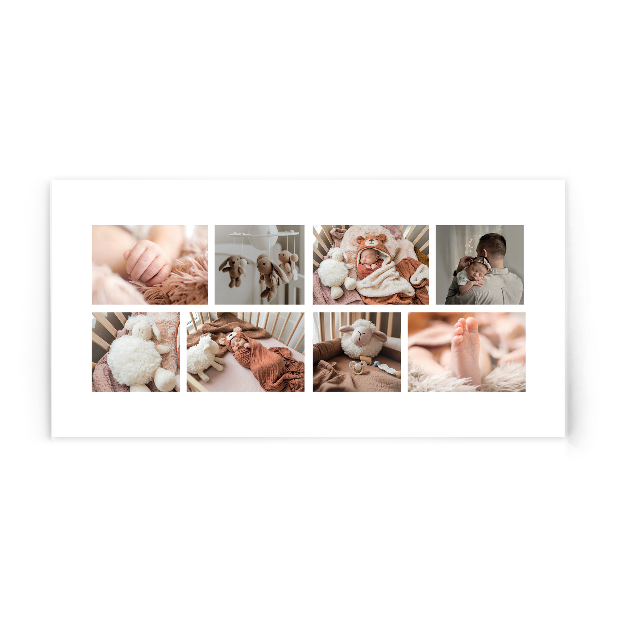 Foto de acrílico personalizada con collage de ocho imágenes de bebés, recién nacidos, pies de bebé y padres, impresa con la foto deseada.