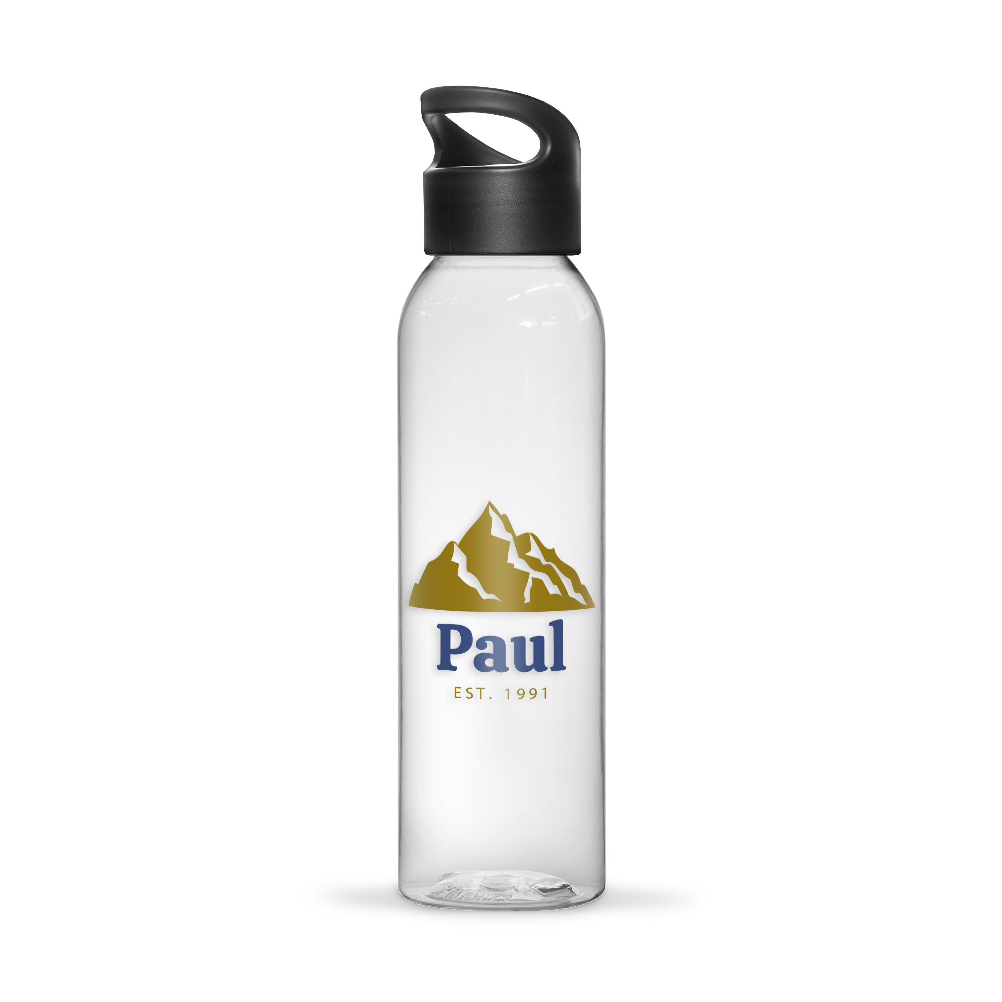 Bouteille d'eau personnalisée transparente avec un motif de montagnes et le prénom Paul imprimé