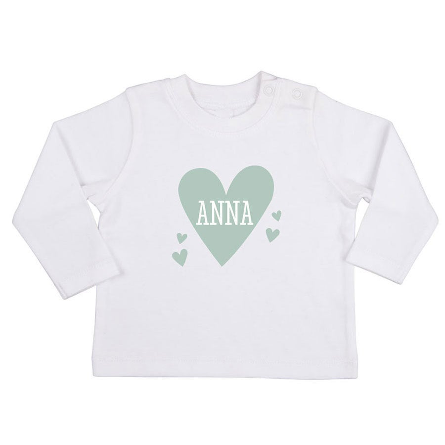 T-shirt til babyer med navn - Langærmet - hvid - 50/56
