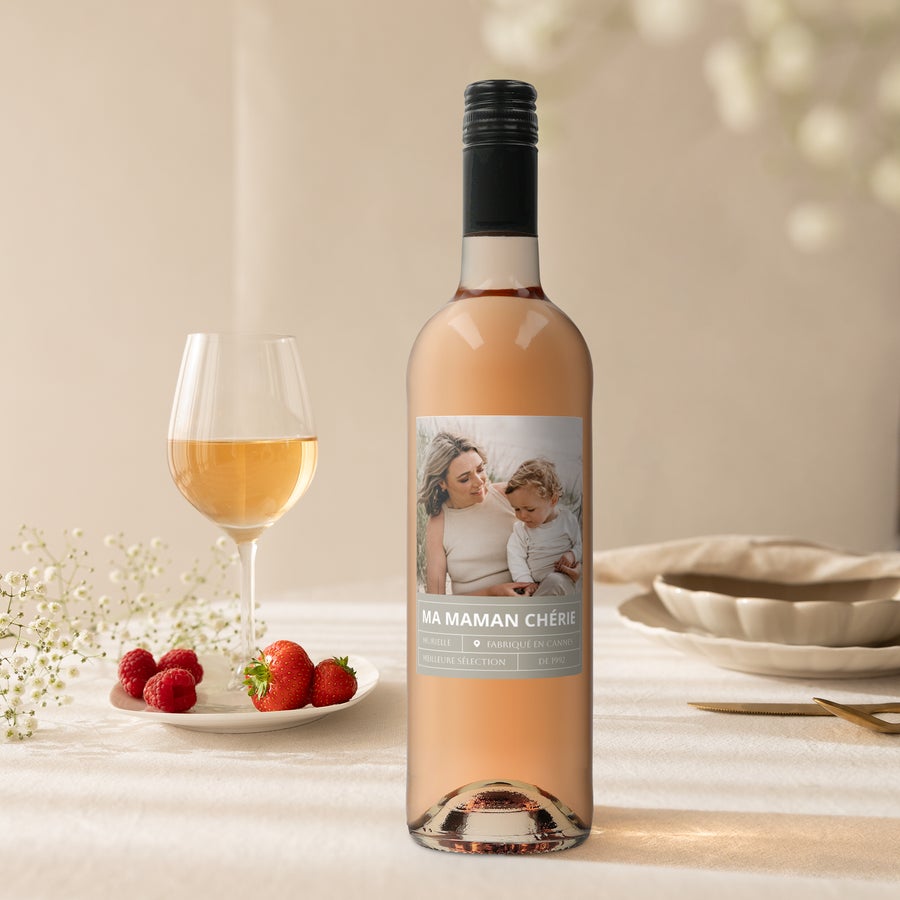 Vin Belvy Rosé personnalisé Bouteille de Belvy rosé avec étiquette personnalisée imprimée d'une photo et texte Ma Maman Chérie