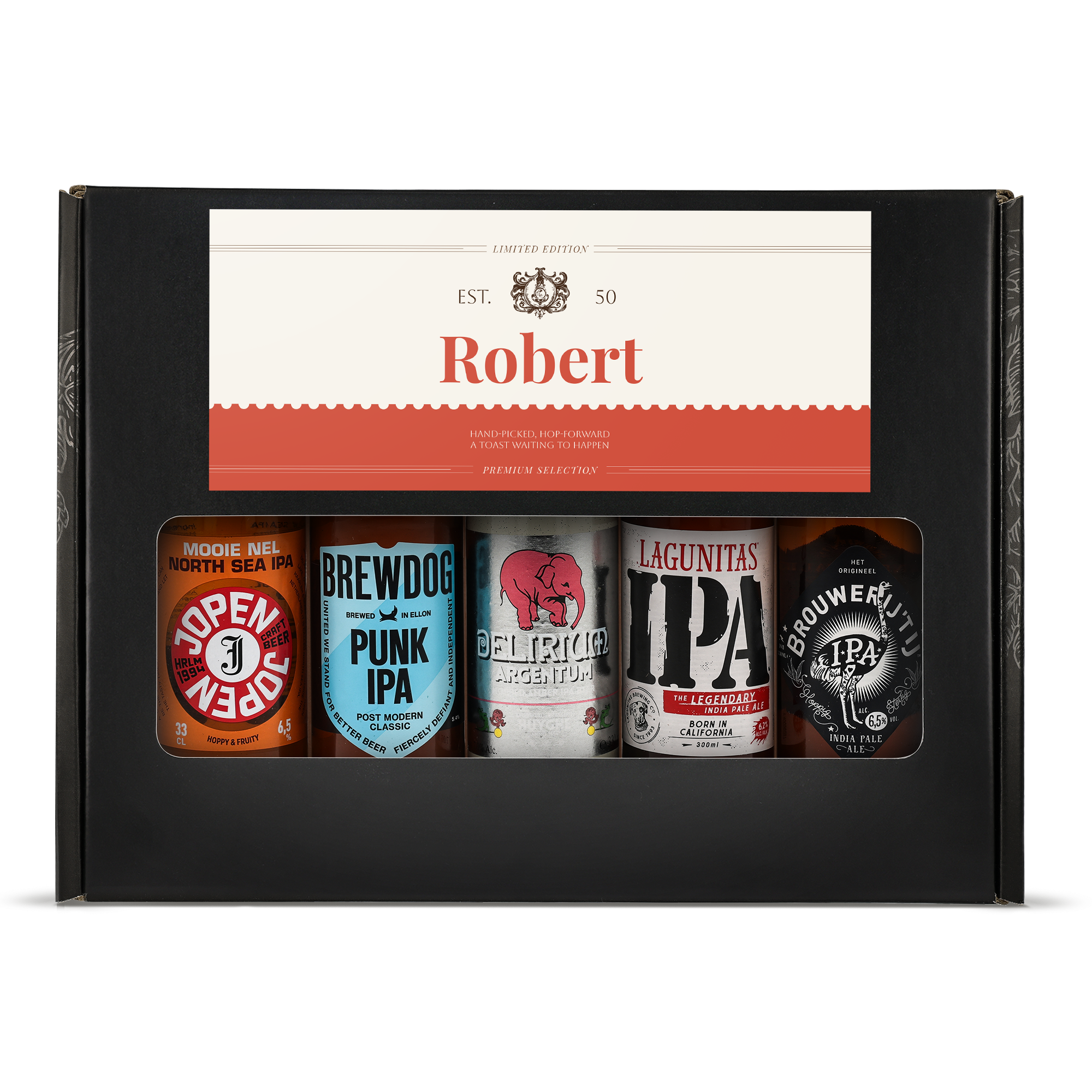 Gepersonaliseerd bierpakket IPA met 5 speciaalbieren, geprint met de naam Robert op de wikkel.