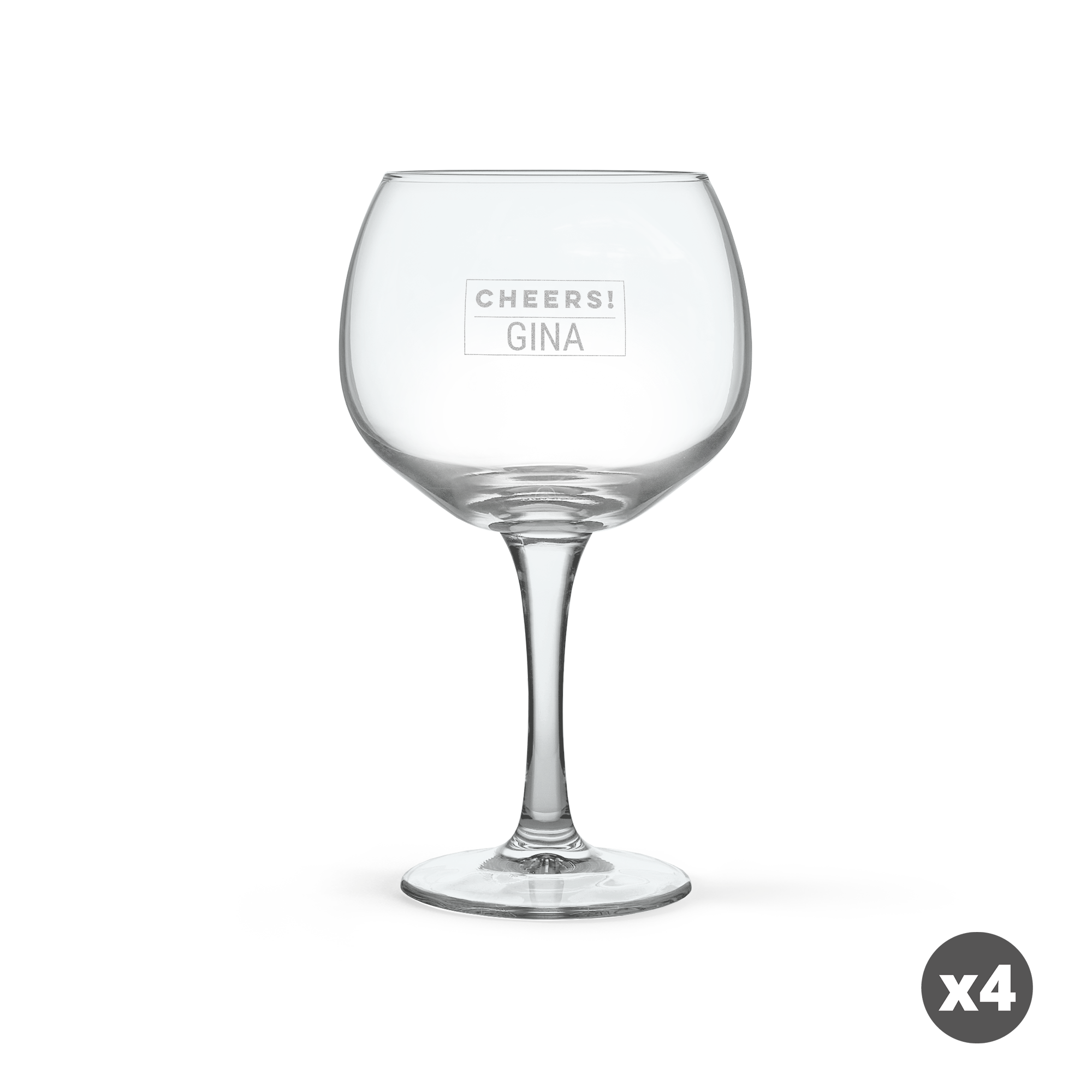 Copa de gin tonic personalizada grabada con el nombre GINA y la palabra CHEERS, y un icono de x4